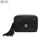 Black Lambskin V Stitch Camera Bag