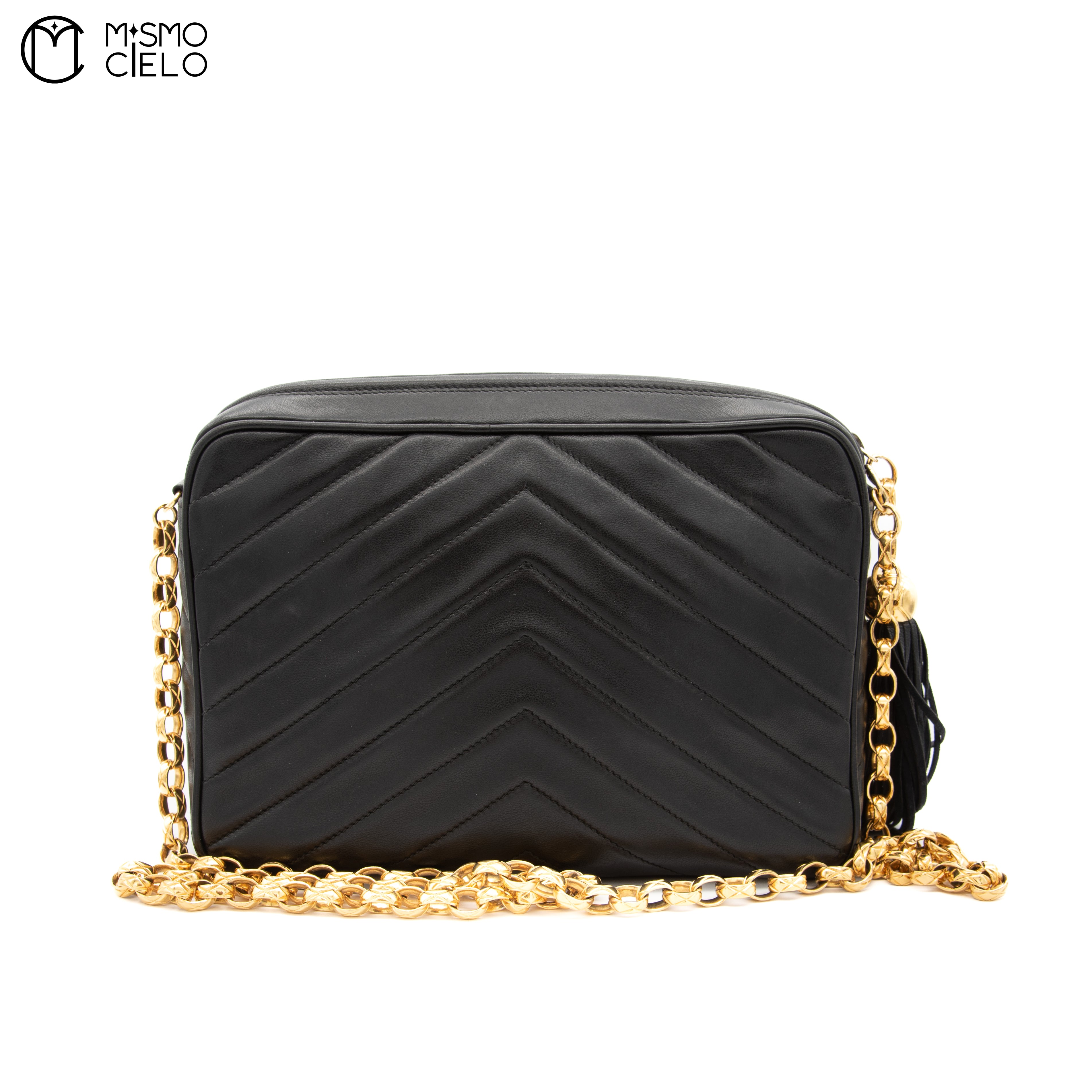 Black Lambskin V Stitch Camera Bag