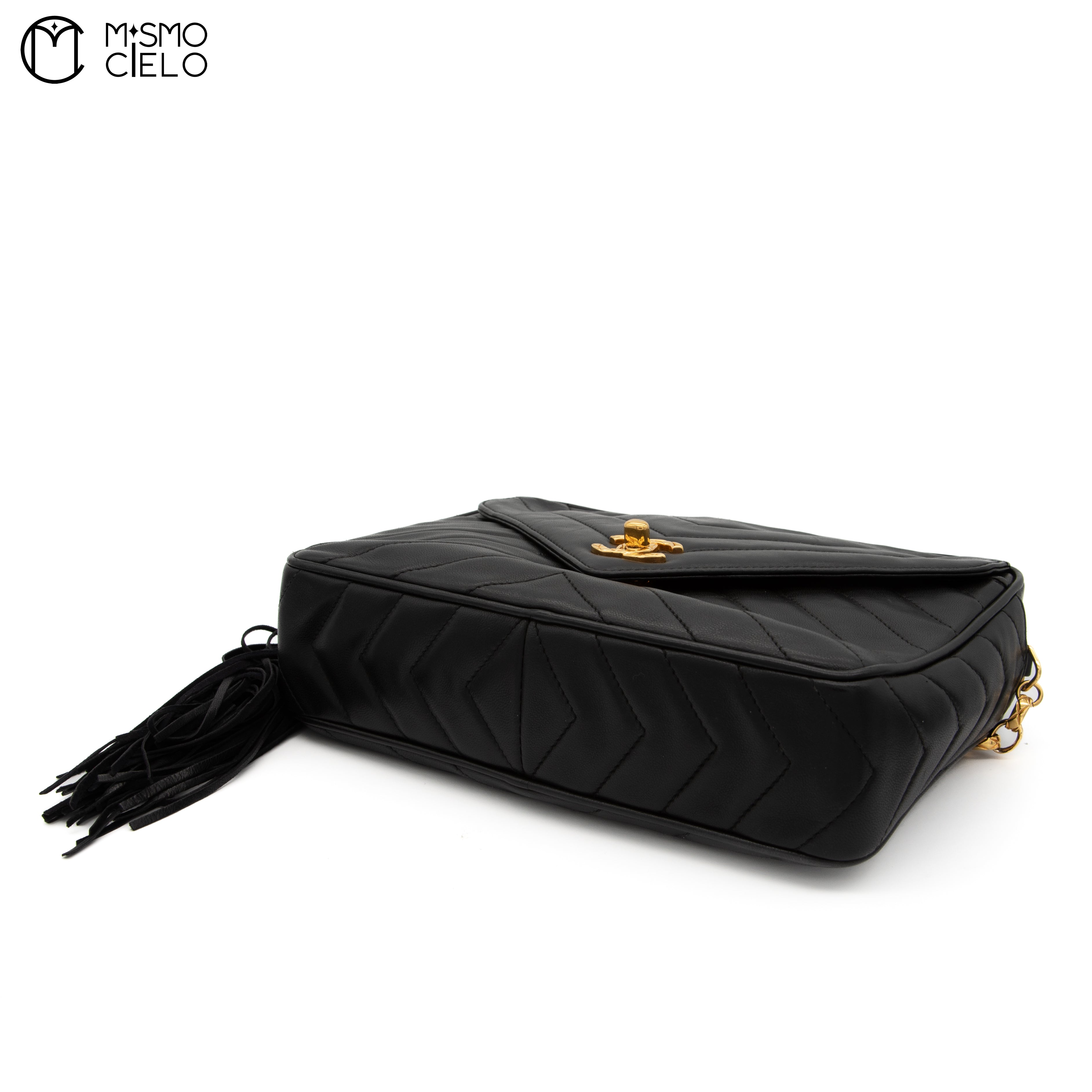 Black Lambskin V Stitch Camera Bag