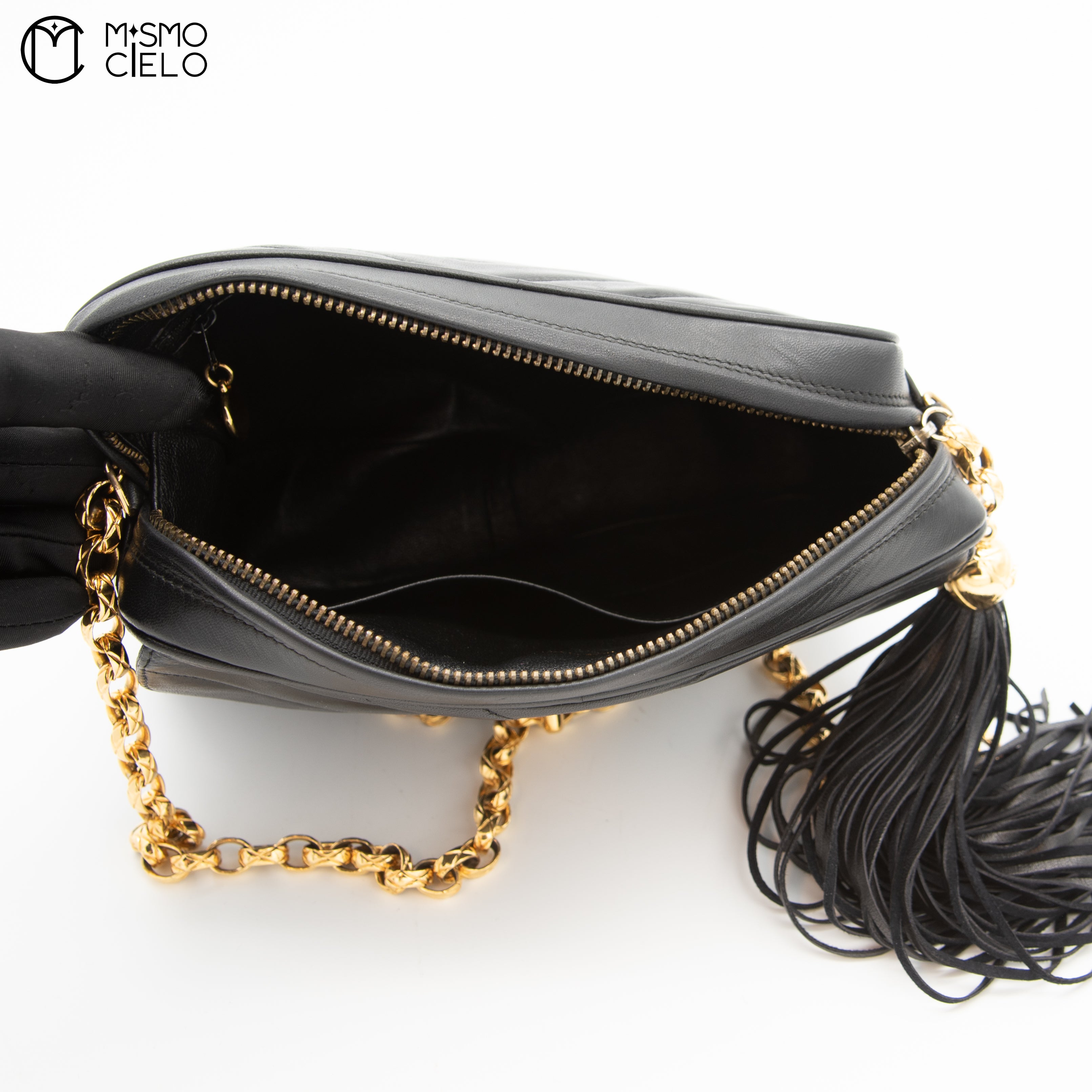 Black Lambskin V Stitch Camera Bag