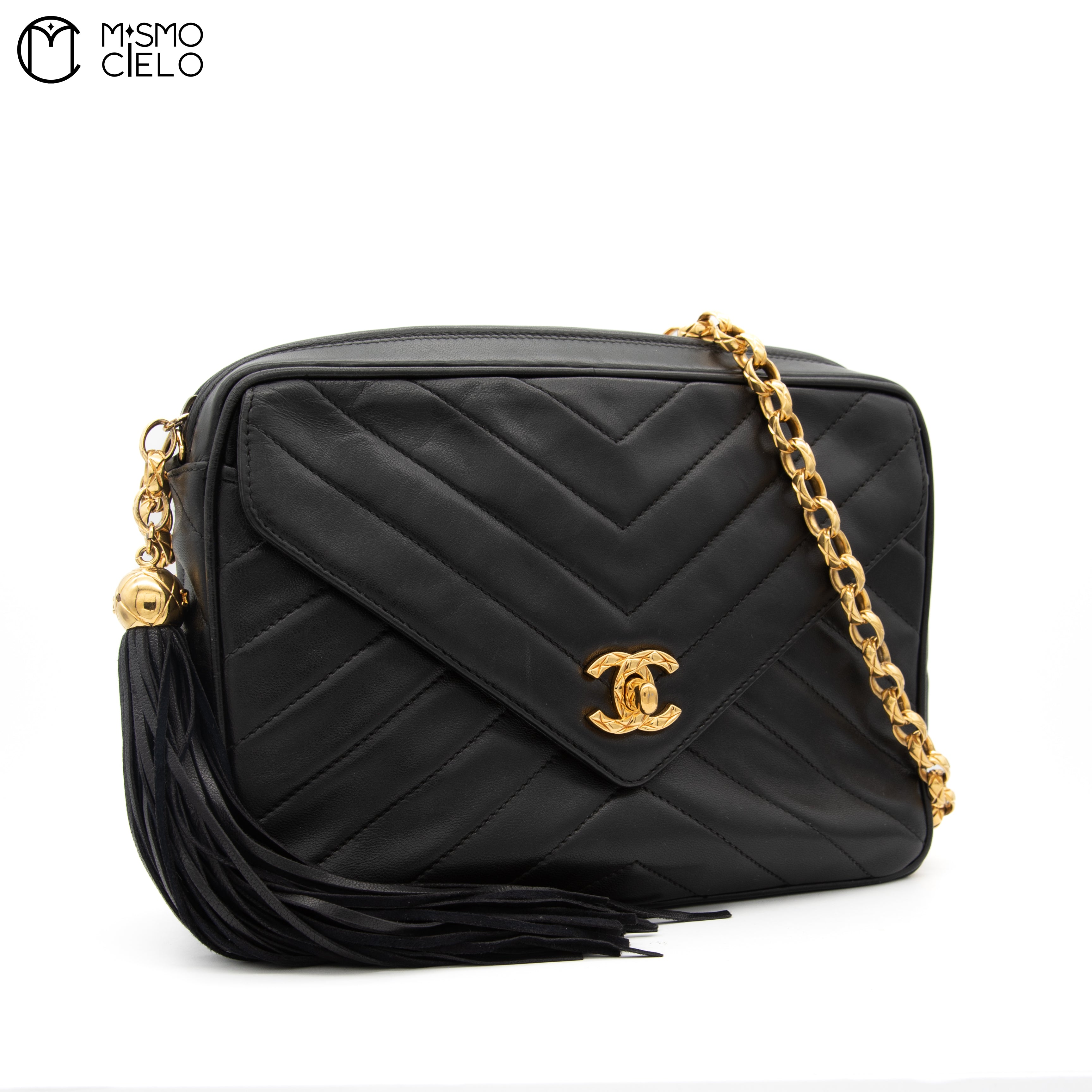 Black Lambskin V Stitch Camera Bag