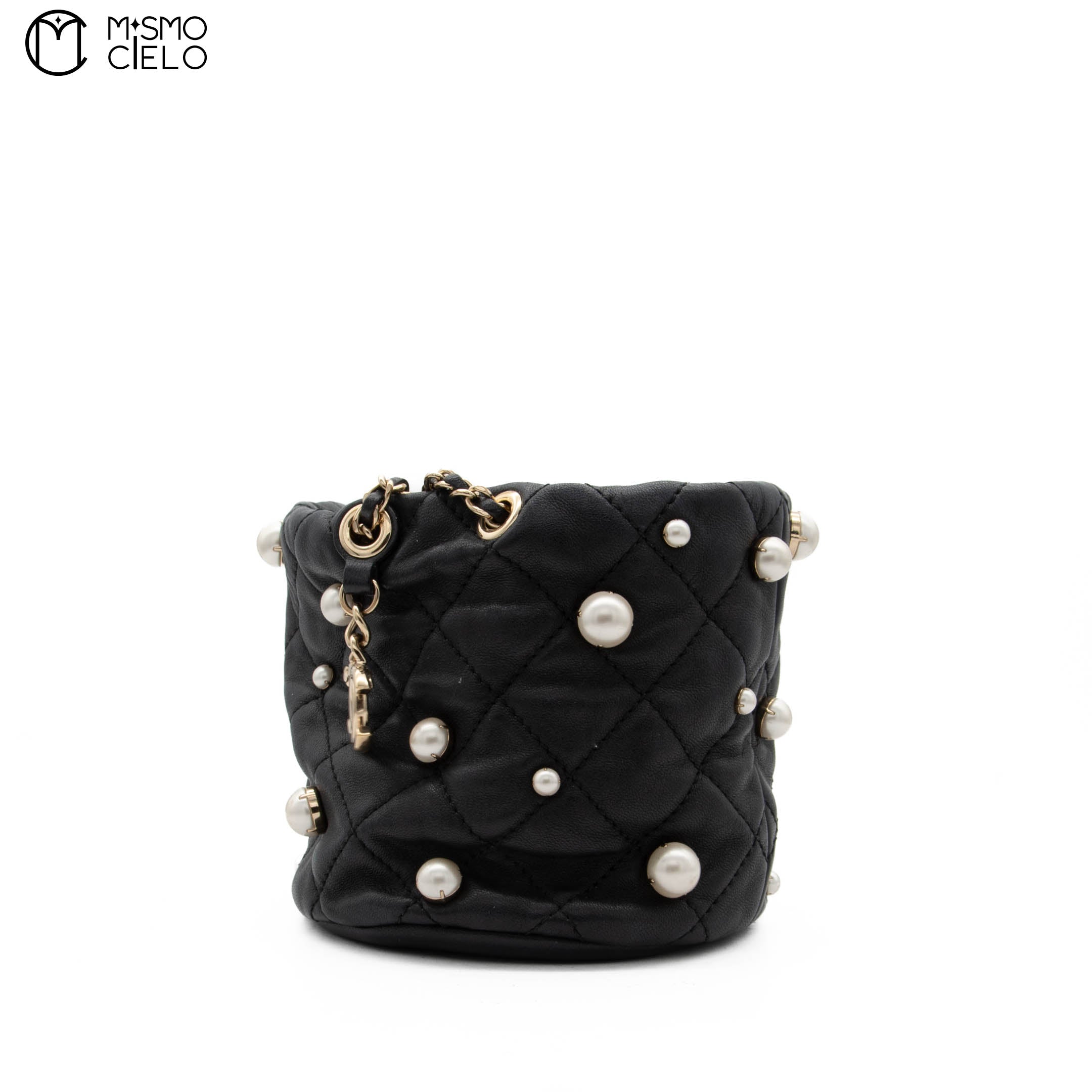 Lambskin Mini Pearl Chain Bucket Shoulder Bag