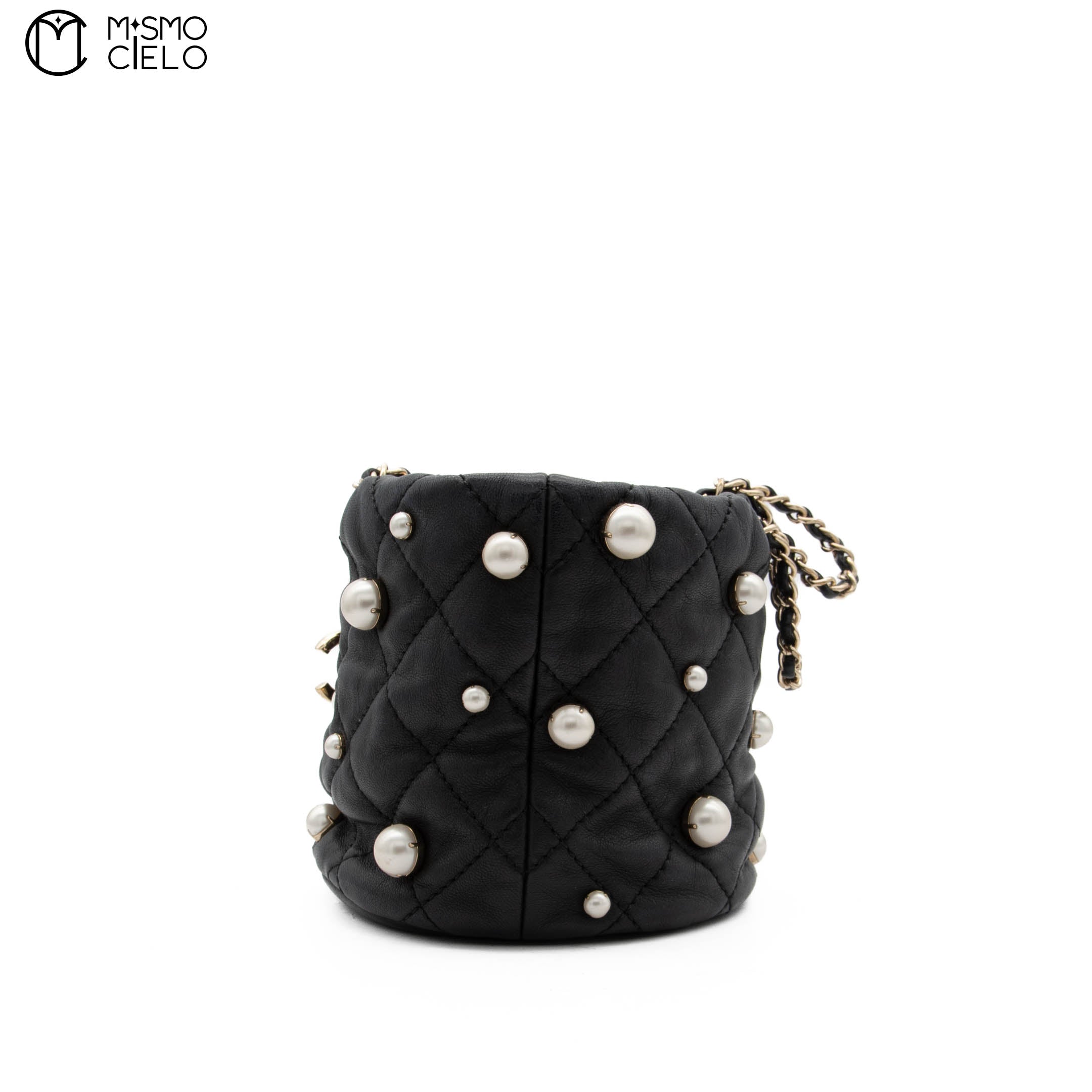Lambskin Mini Pearl Chain Bucket Shoulder Bag