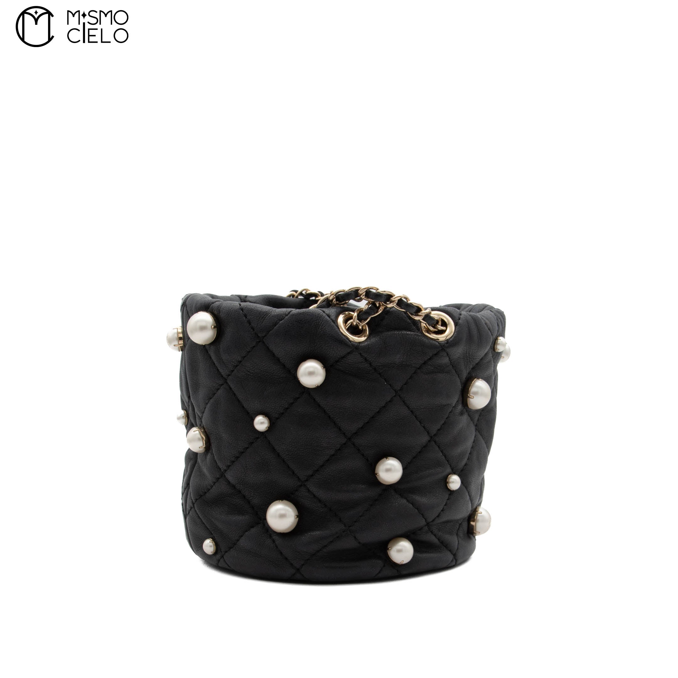 Lambskin Mini Pearl Chain Bucket Shoulder Bag