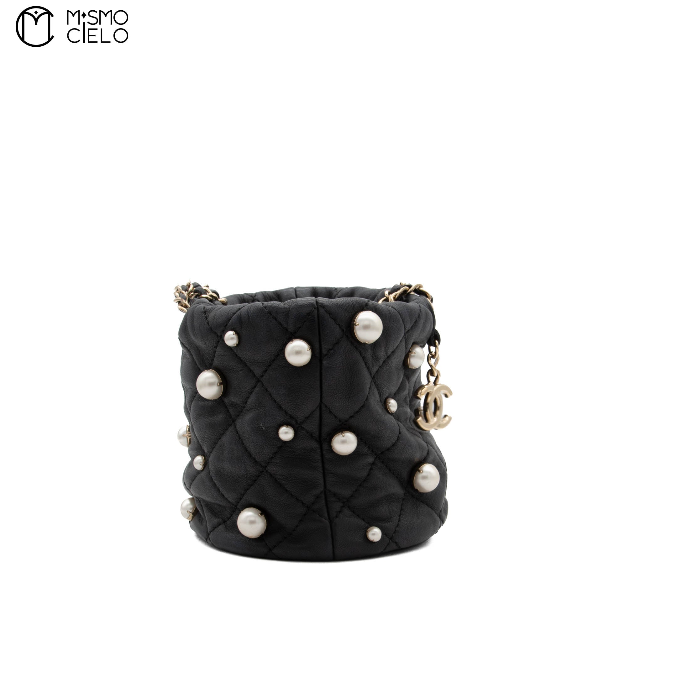 Lambskin Mini Pearl Chain Bucket Shoulder Bag