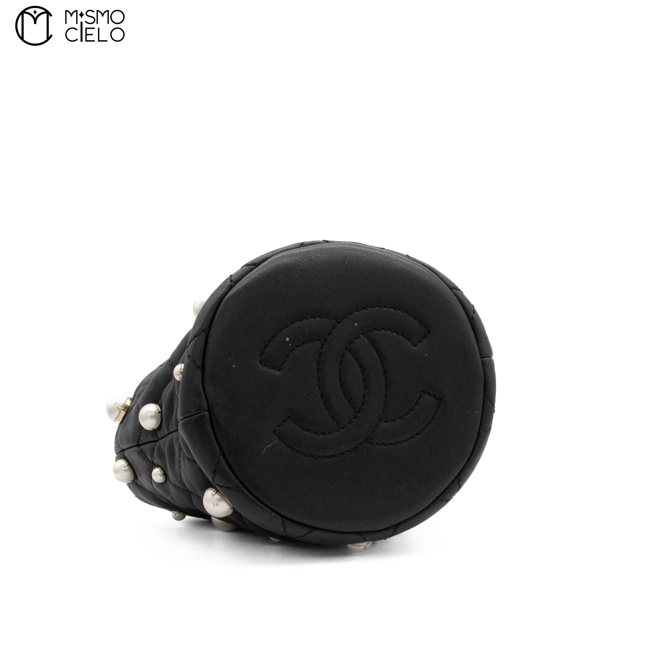 Lambskin Mini Pearl Chain Bucket Shoulder Bag