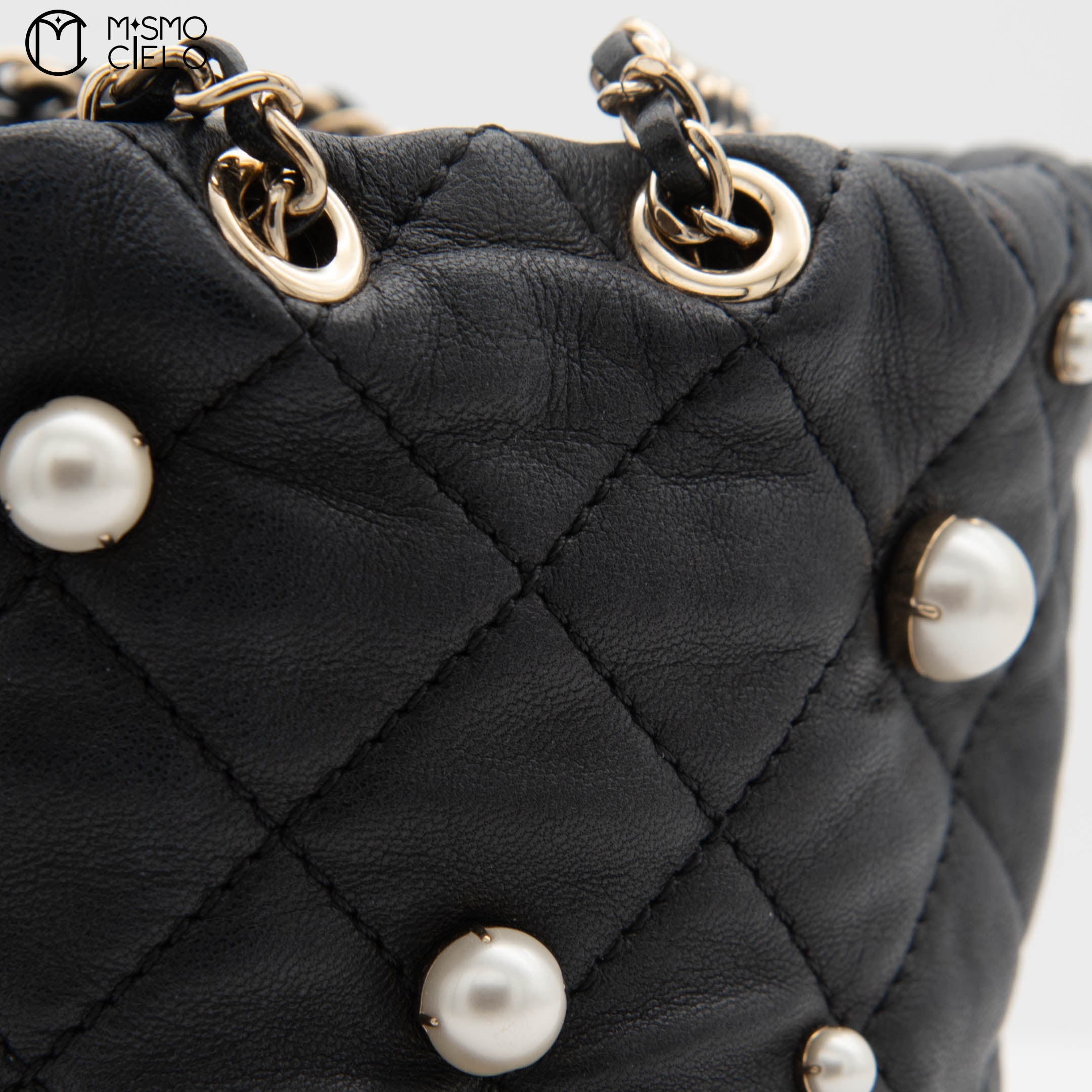 Lambskin Mini Pearl Chain Bucket Shoulder Bag