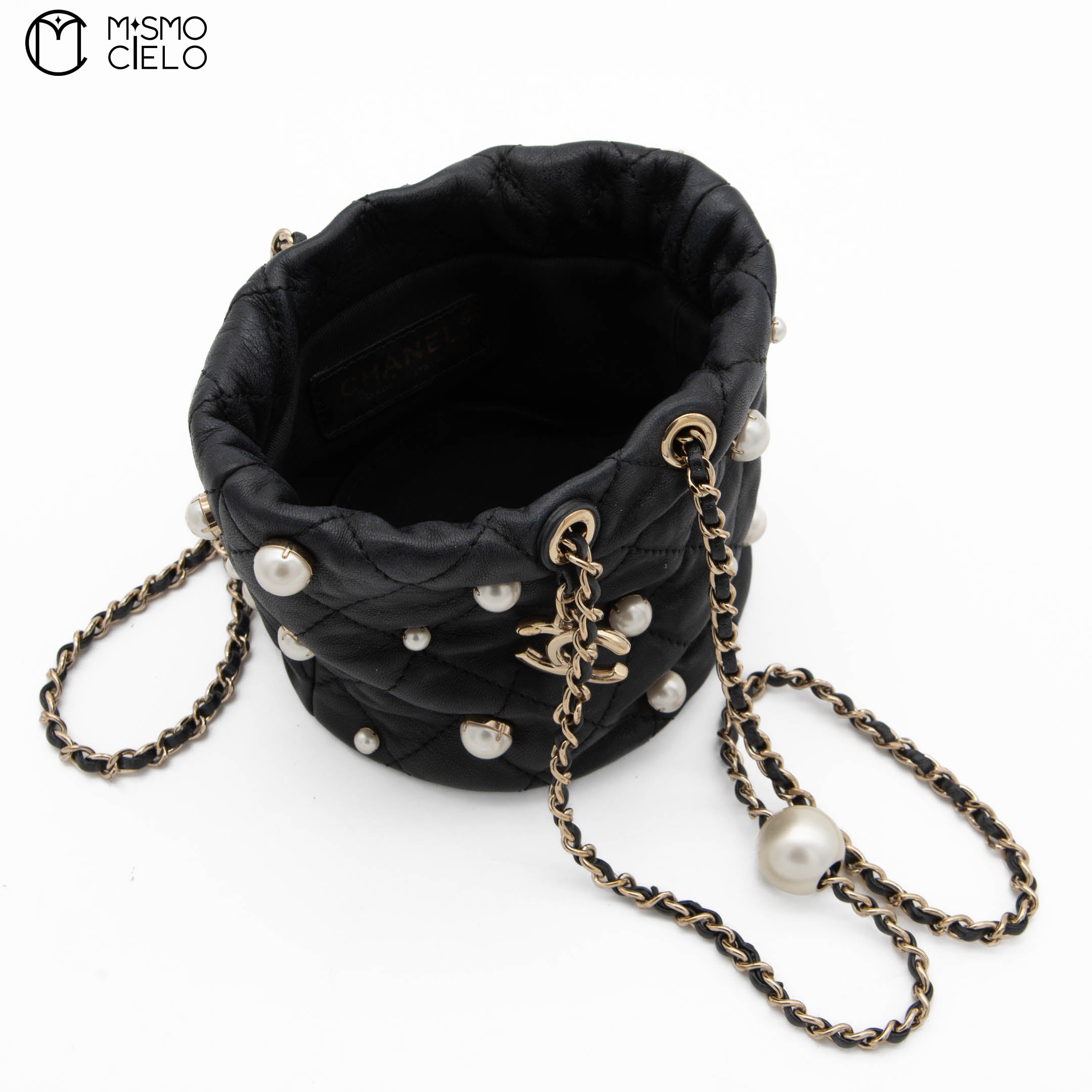Lambskin Mini Pearl Chain Bucket Shoulder Bag