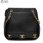 Caviar Skin Triple Coco Double Chain Shoulder Black