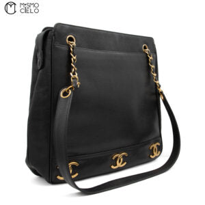 Caviar Skin Triple Coco Double Chain Shoulder Black