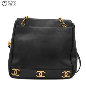 Caviar Skin Triple Coco Double Chain Shoulder Black