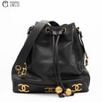 Caviar Skin Triple Coco Drawstring Chain Shoulder Bag With Pouch