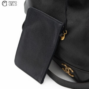 Caviar Skin Triple Coco Drawstring Chain Shoulder Bag With Pouch