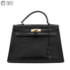 Kelly 32 Noir Crocodile Handbag H Engraved