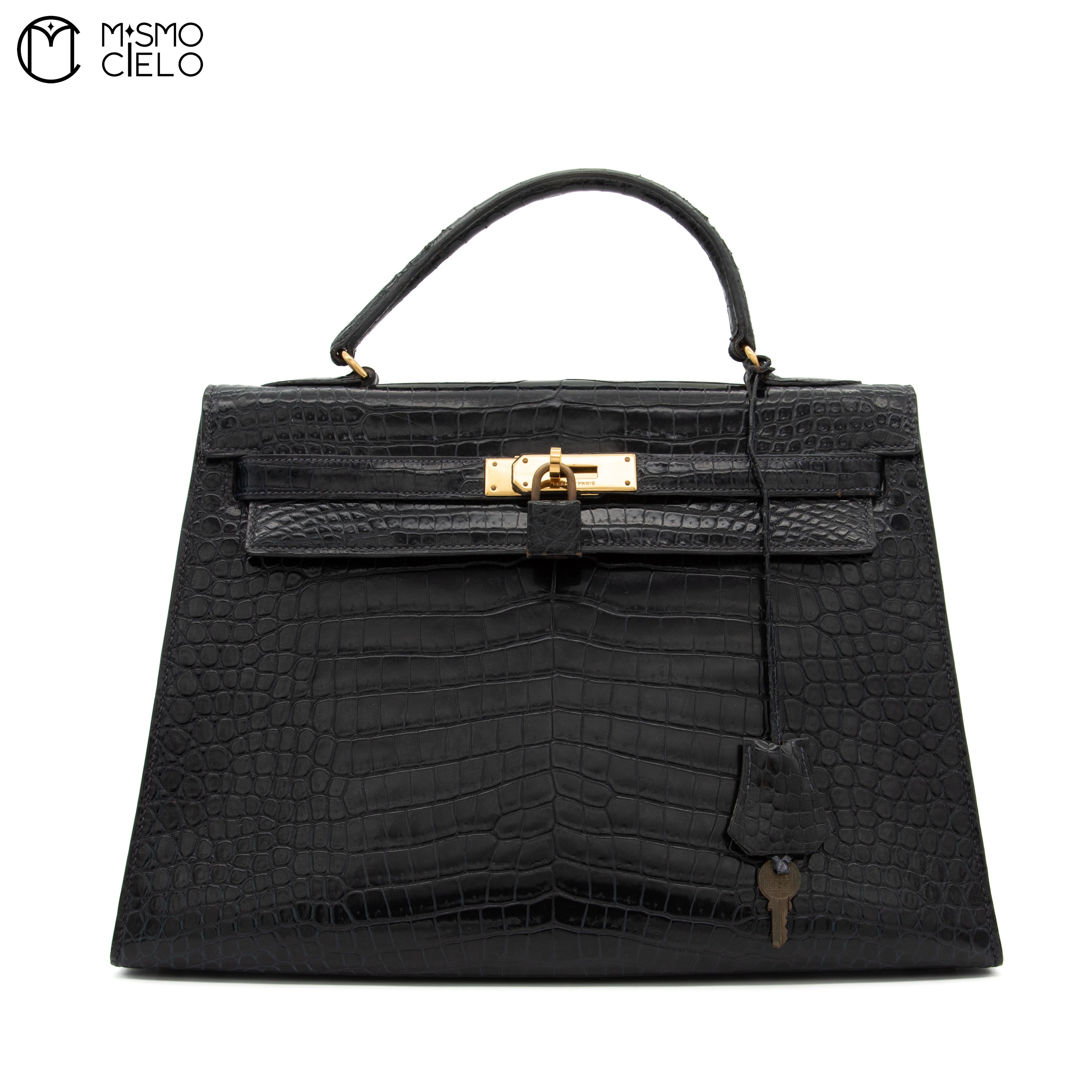 Kelly 32 Noir Crocodile Handbag H Engraved