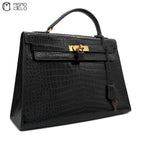 Kelly 32 Noir Crocodile Handbag H Engraved