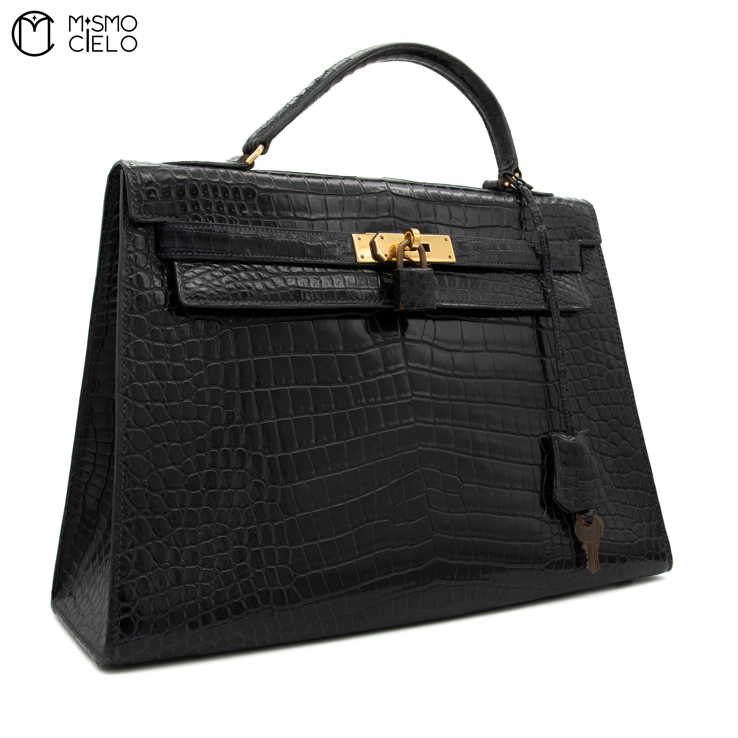 Kelly 32 Noir Crocodile Handbag H Engraved
