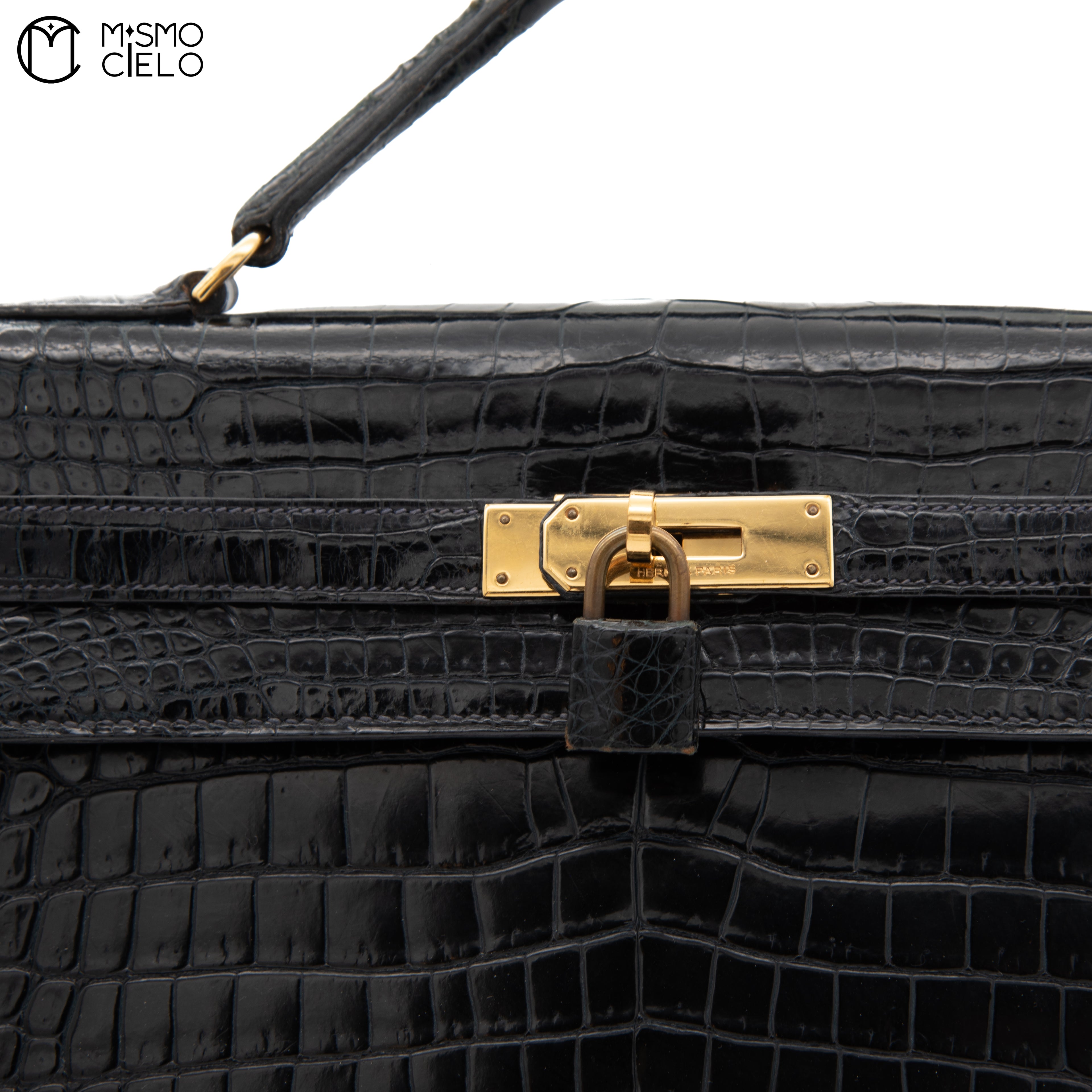 Kelly 32 Noir Crocodile Handbag H Engraved