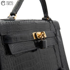 Kelly 32 Noir Crocodile Handbag H Engraved