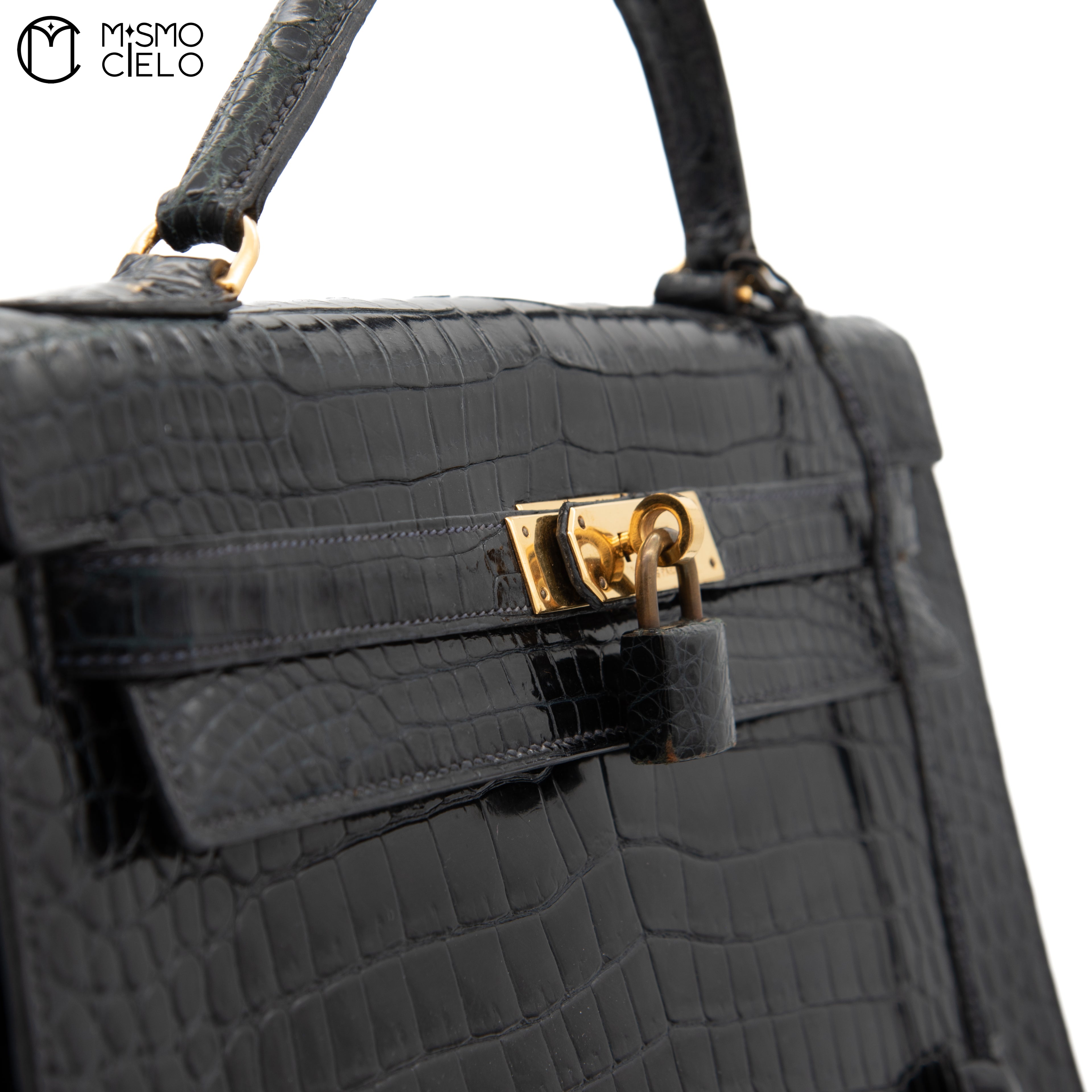 Kelly 32 Noir Crocodile Handbag H Engraved