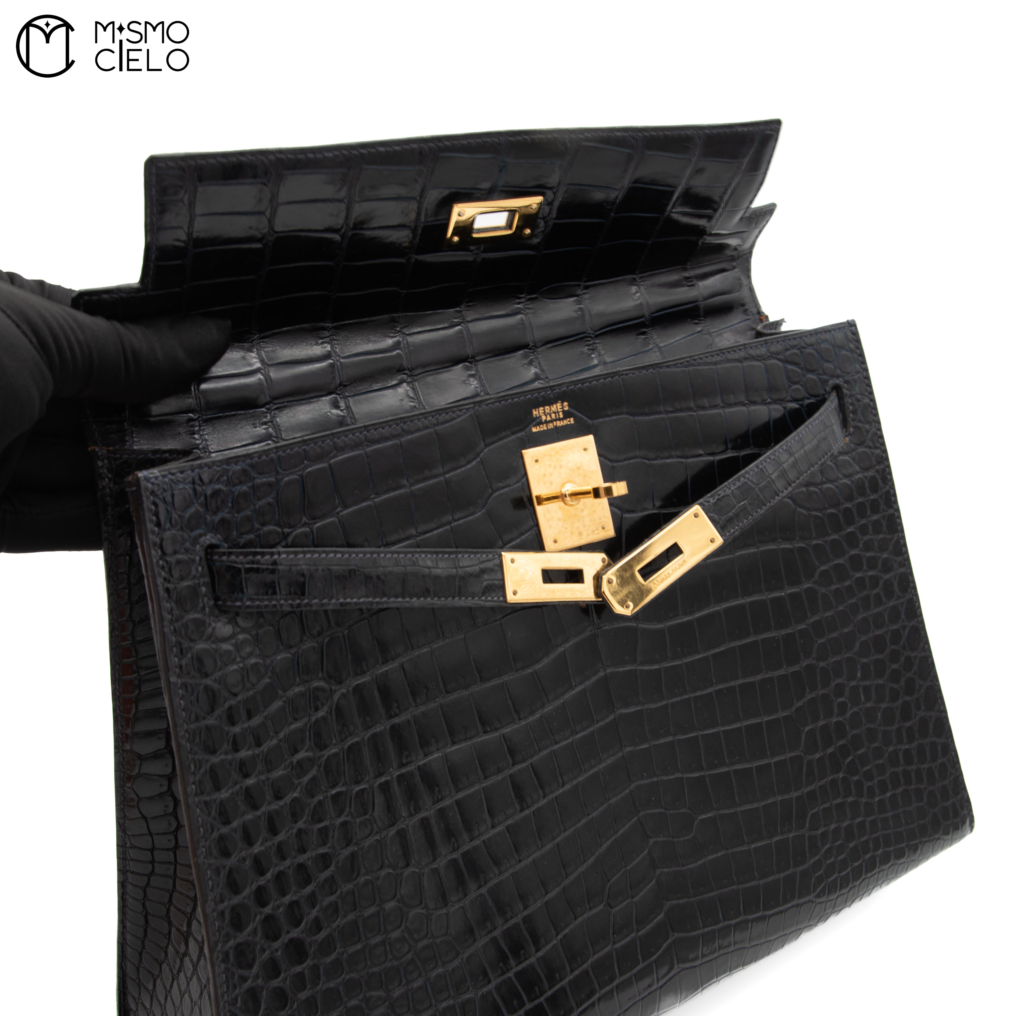 Kelly 32 Noir Crocodile Handbag H Engraved