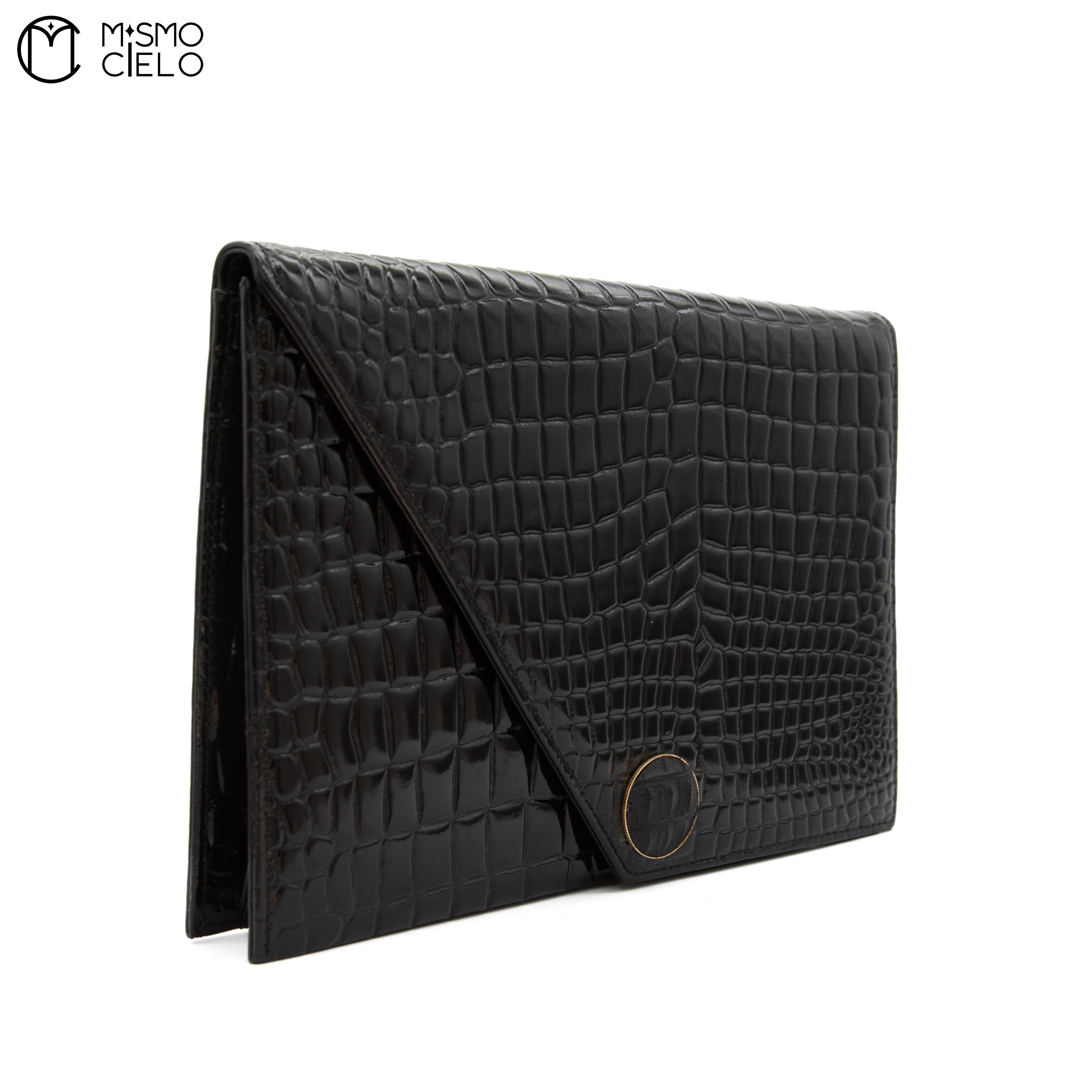 Clutch Bag In Black Crocodile Embossed Leather