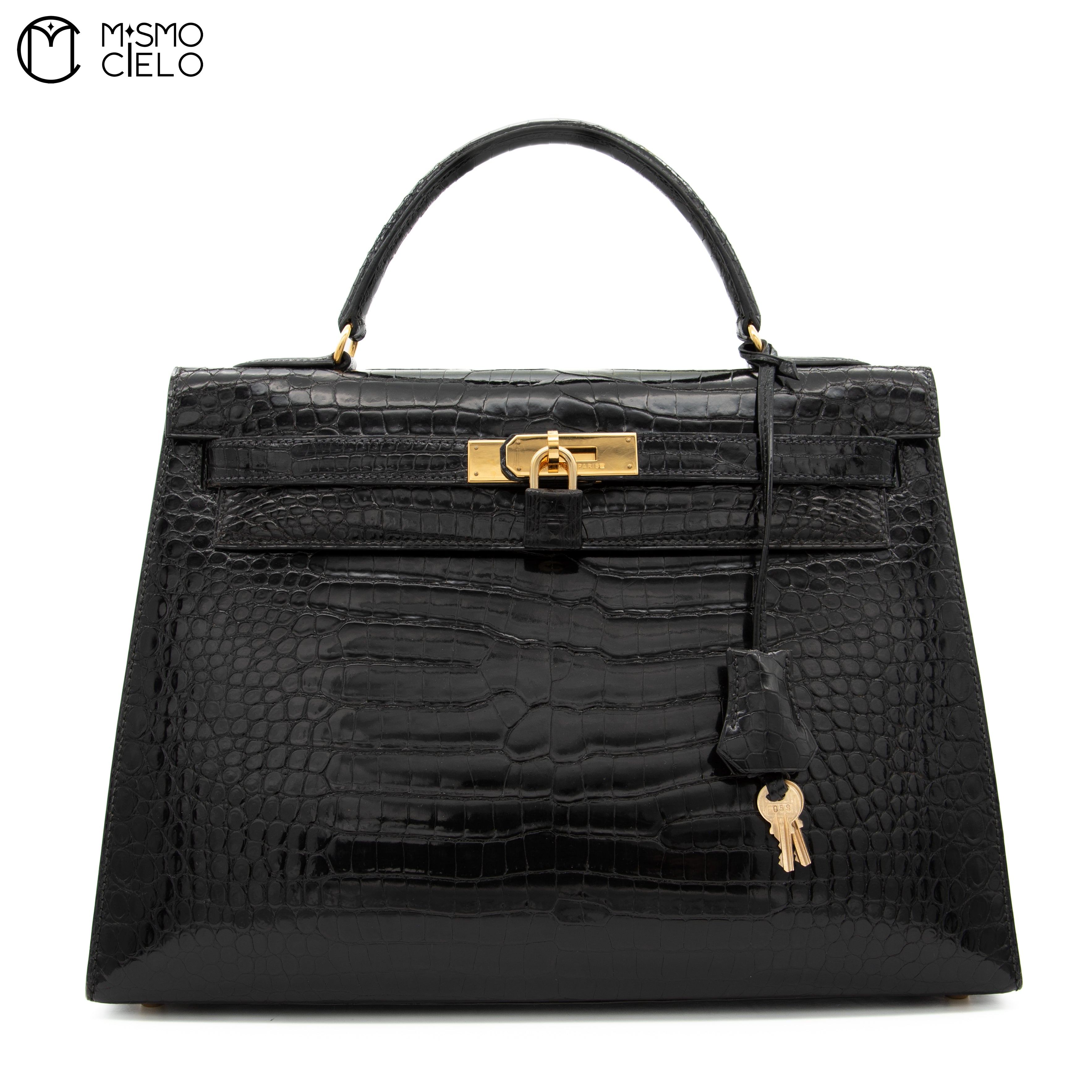 Kelly 32 Noir Crocodile Handbag W Engraved w/ Strap