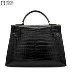 Kelly 32 Noir Crocodile Handbag W Engraved w/ Strap