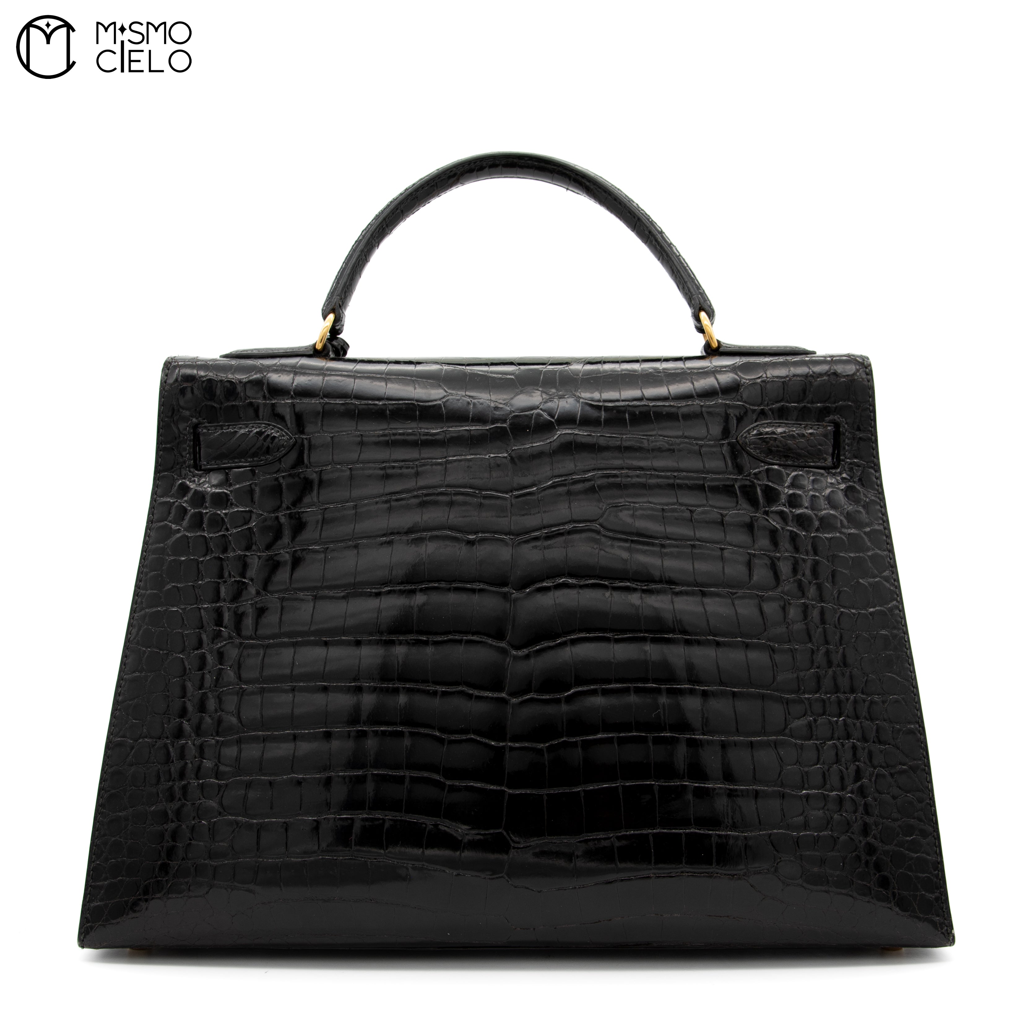 Kelly 32 Noir Crocodile Handbag W Engraved w/ Strap