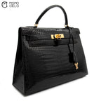 Kelly 32 Noir Crocodile Handbag W Engraved w/ Strap