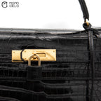 Kelly 32 Noir Crocodile Handbag W Engraved w/ Strap