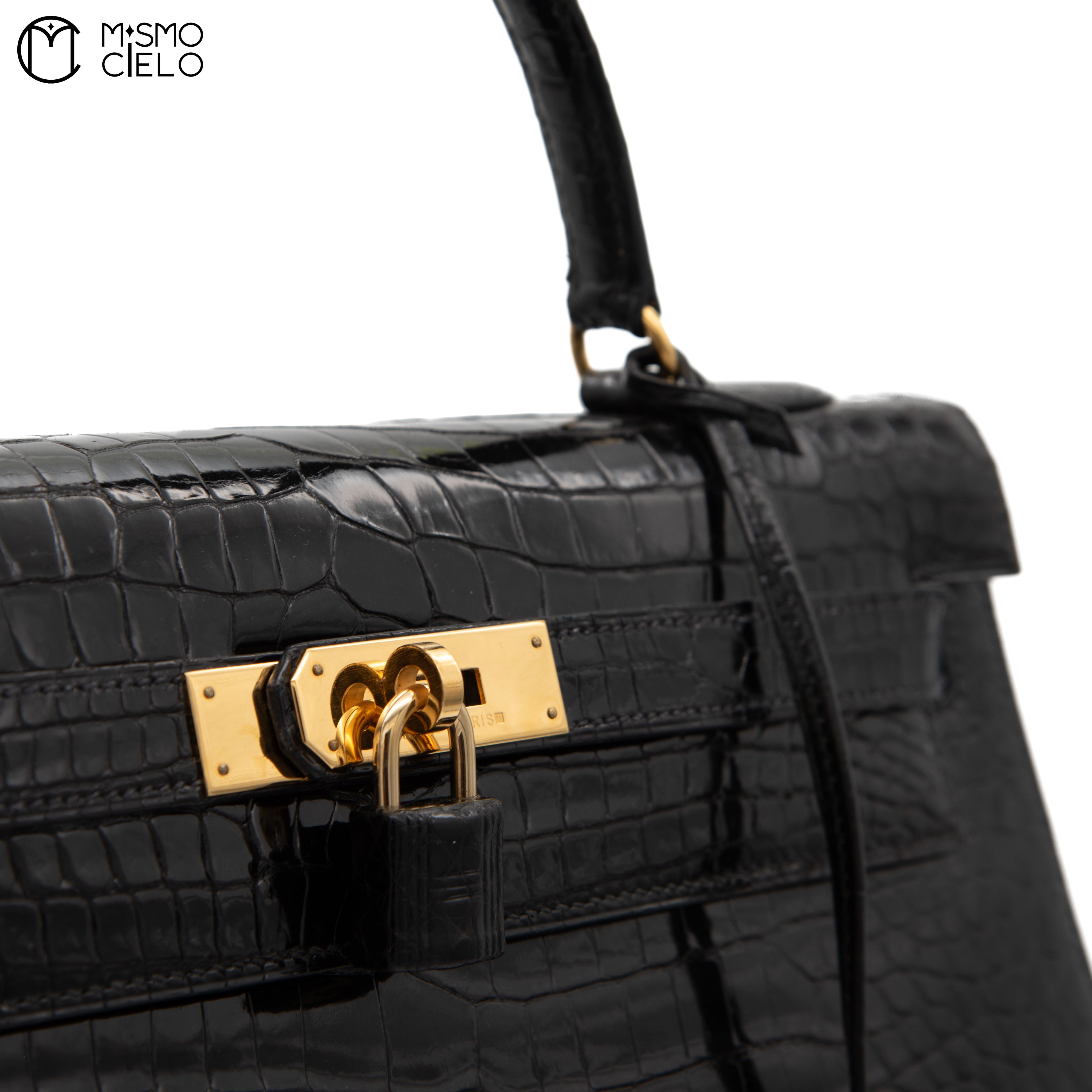 Kelly 32 Noir Crocodile Handbag W Engraved w/ Strap