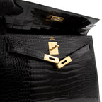Kelly 32 Noir Crocodile Handbag W Engraved w/ Strap