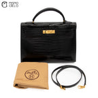 Kelly 32 Noir Crocodile Handbag W Engraved w/ Strap