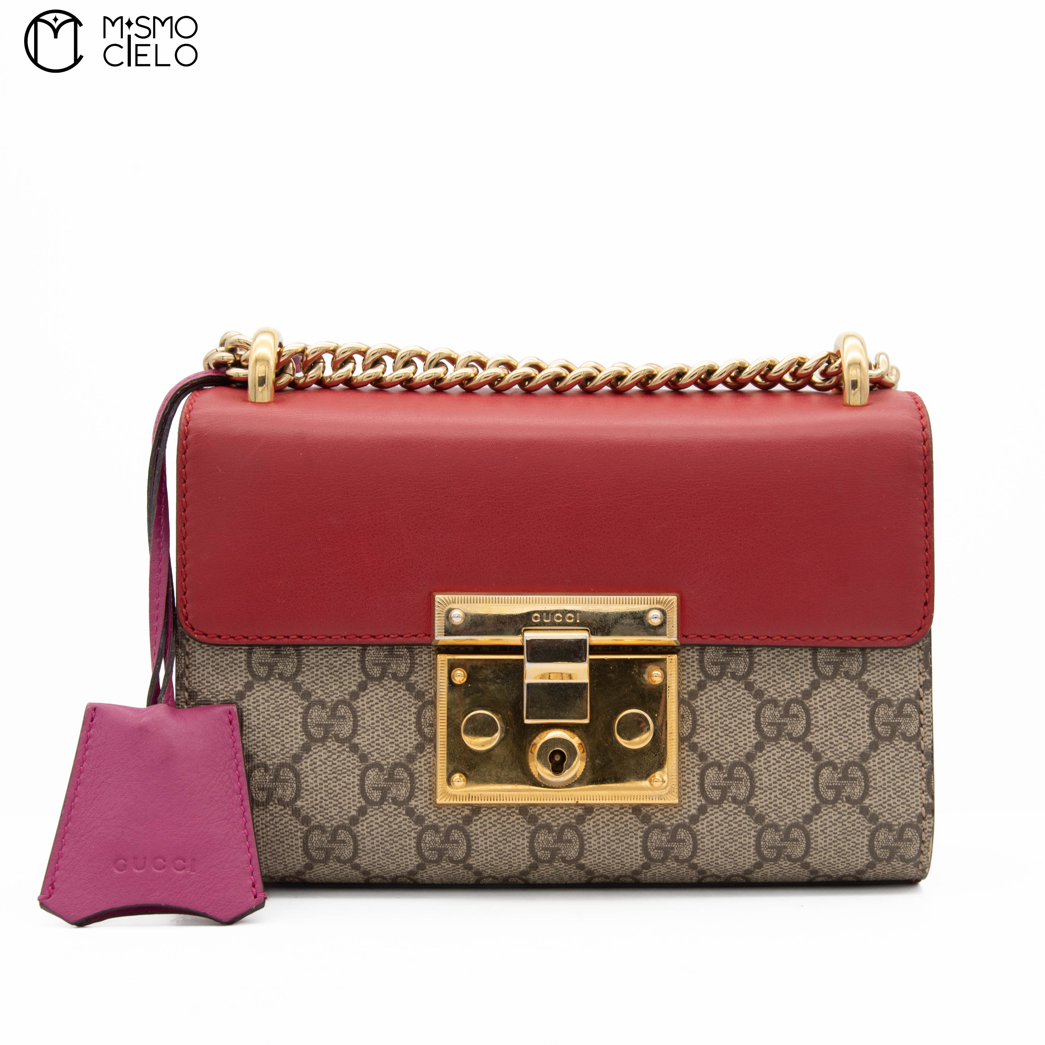GG Monogram Canvas Red and Pink Leather Padlock Handbag with Chain