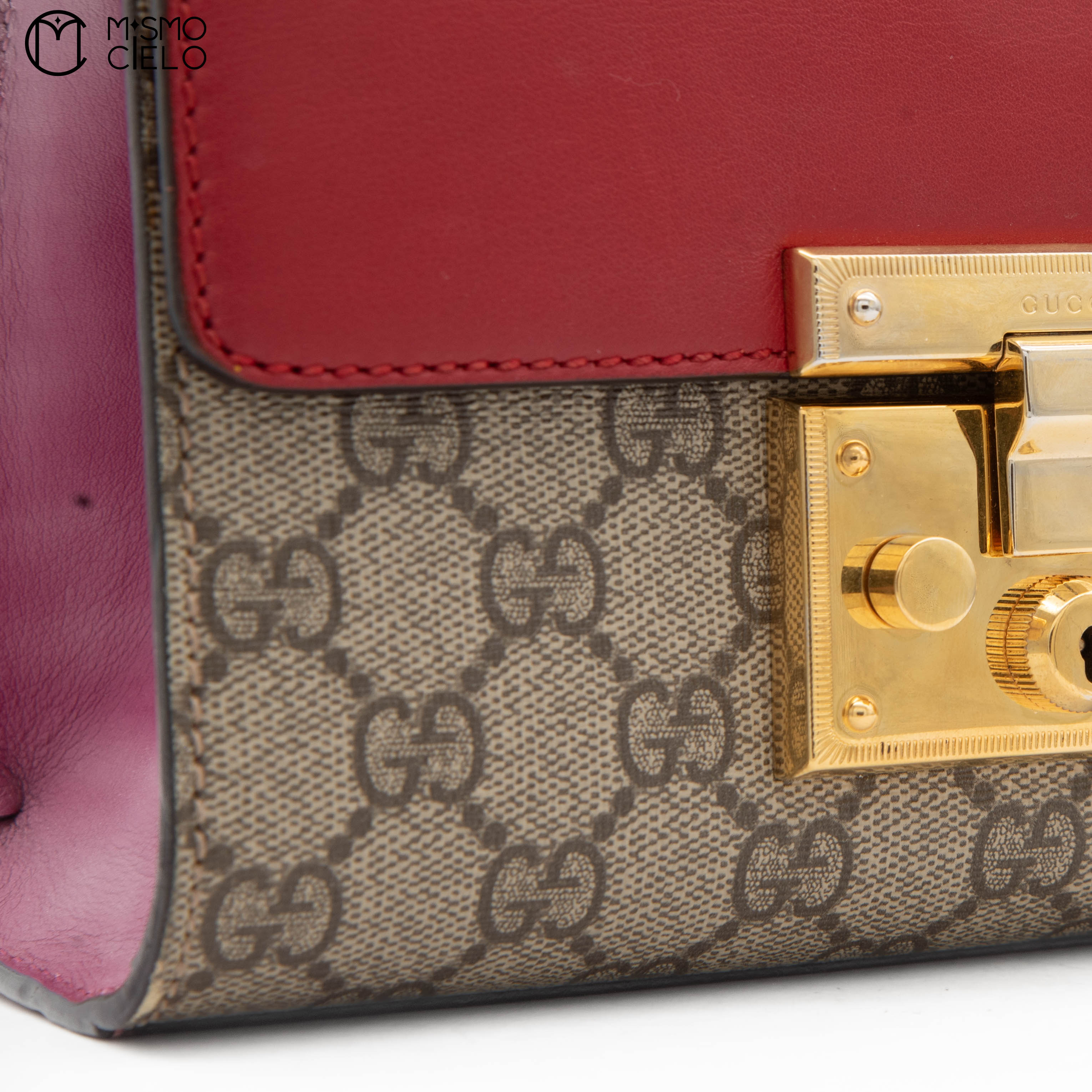 GG Monogram Canvas Red and Pink Leather Padlock Handbag with Chain