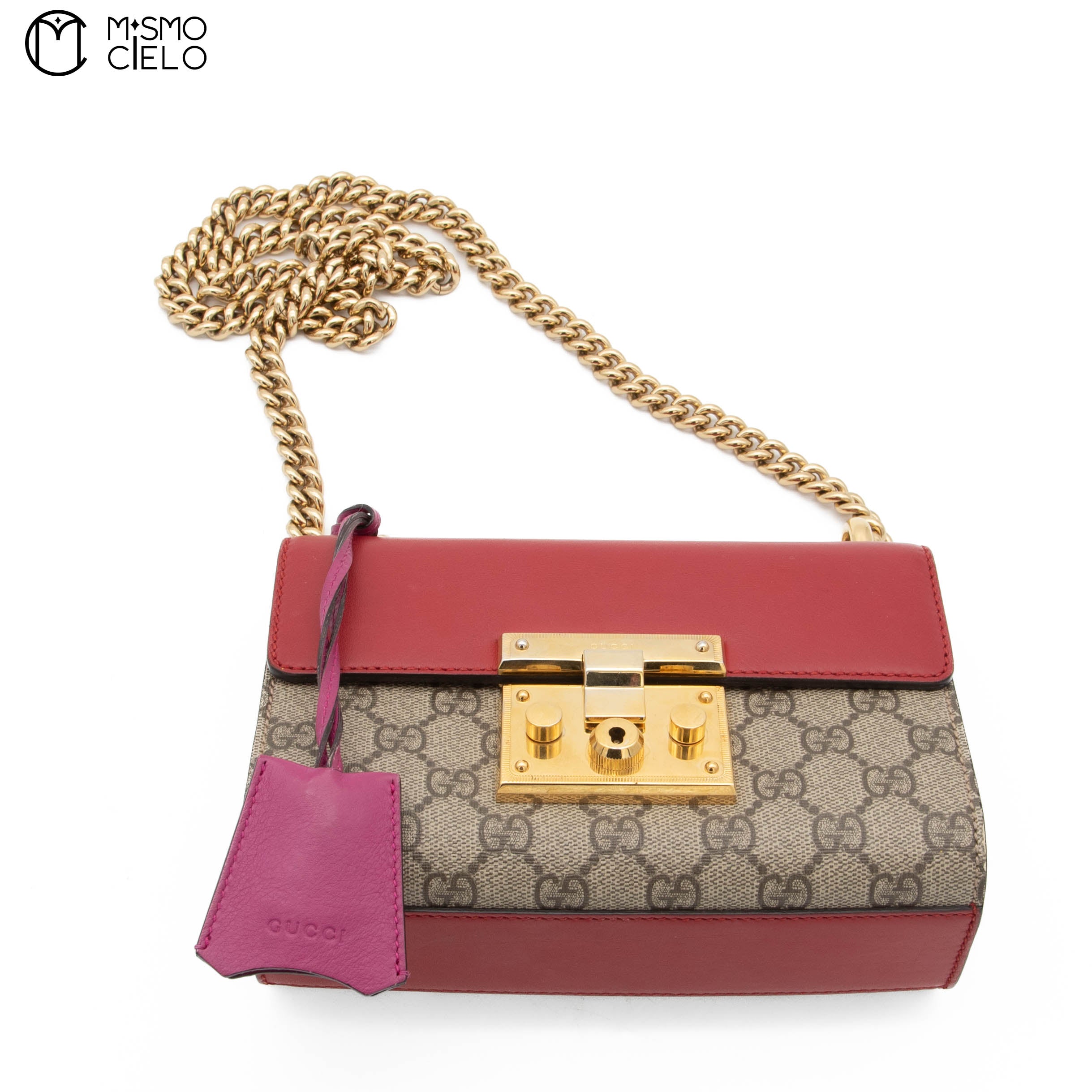 GG Monogram Canvas Red and Pink Leather Padlock Handbag with Chain