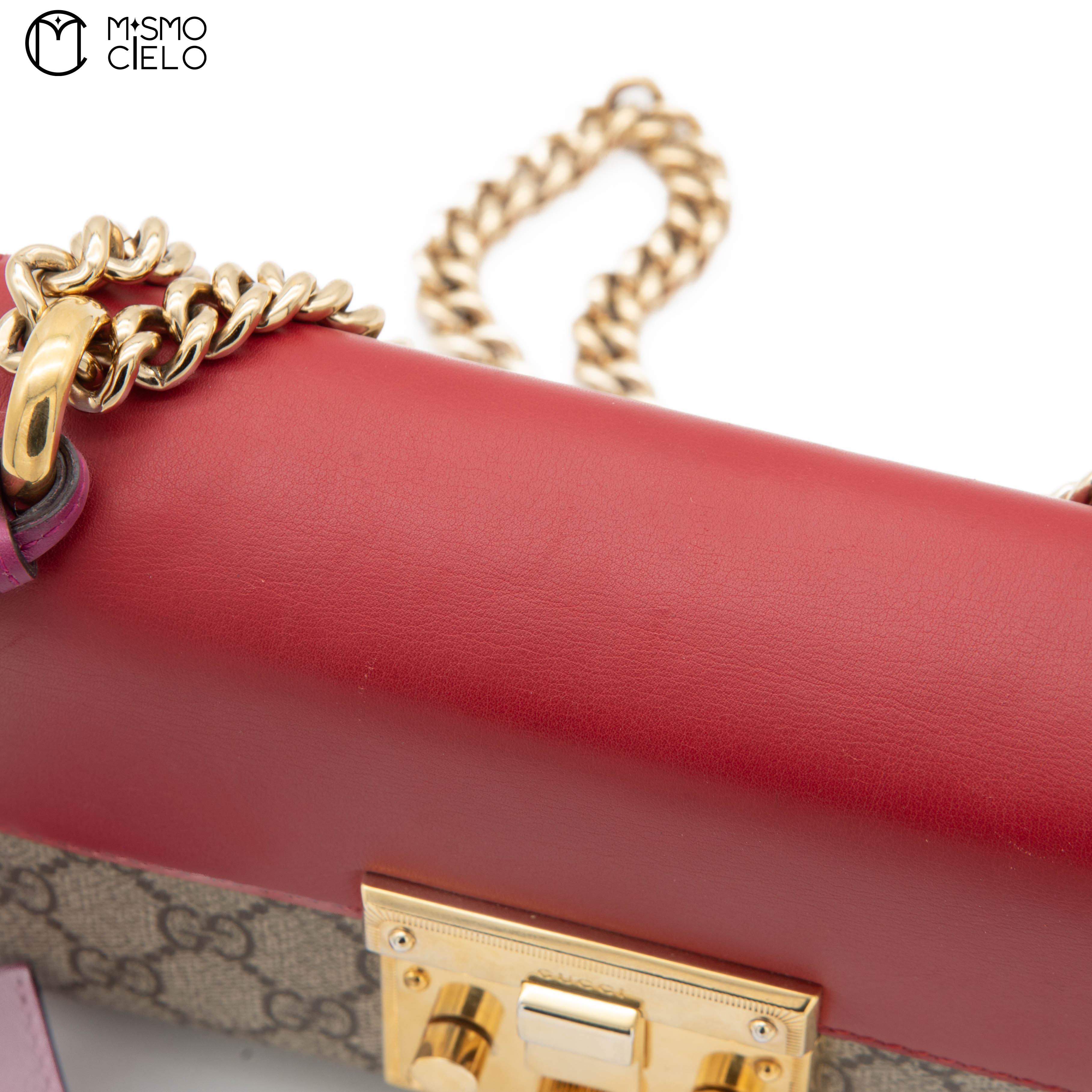 GG Monogram Canvas Red and Pink Leather Padlock Handbag with Chain