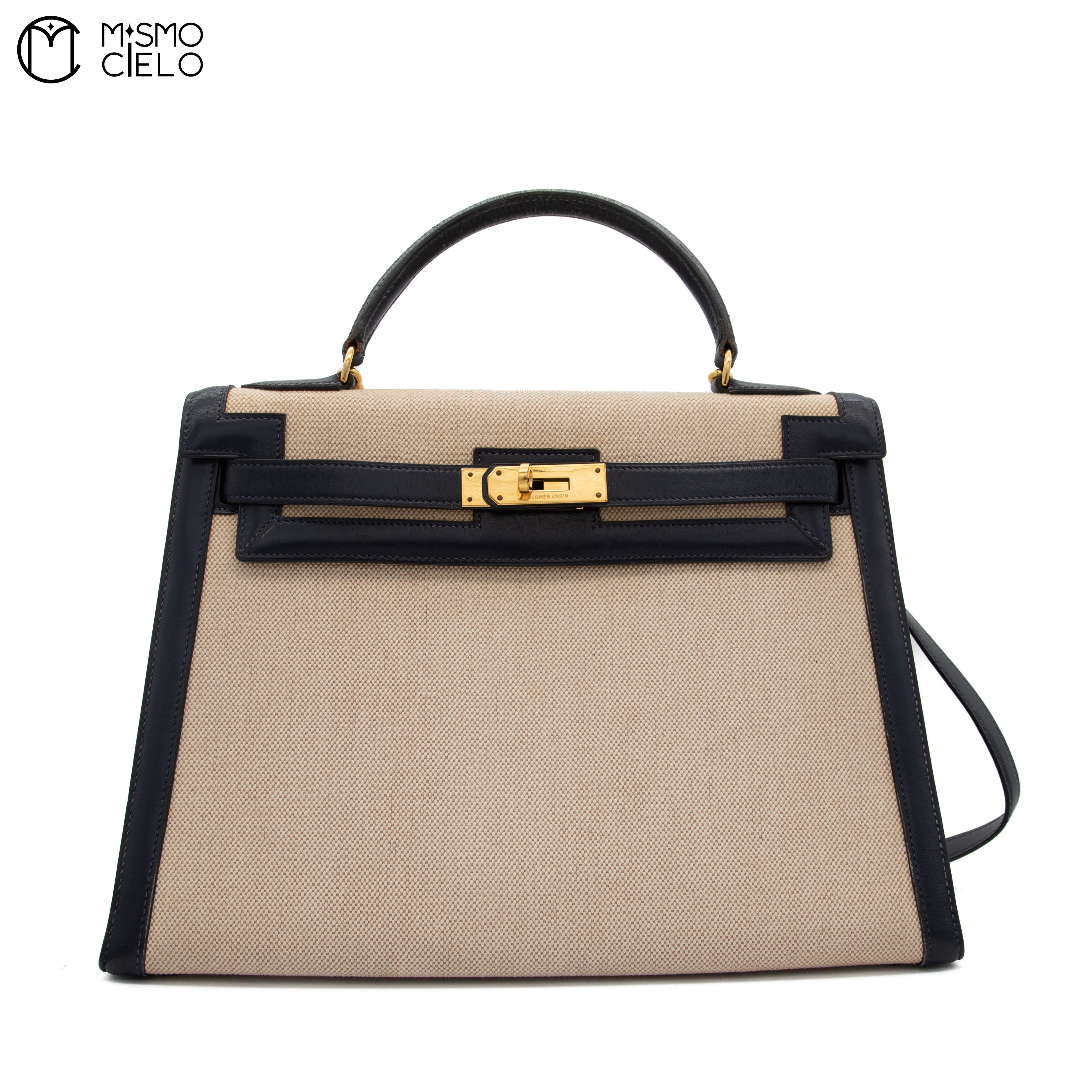 Kelly 32 Box Calf Toile Navy Strap