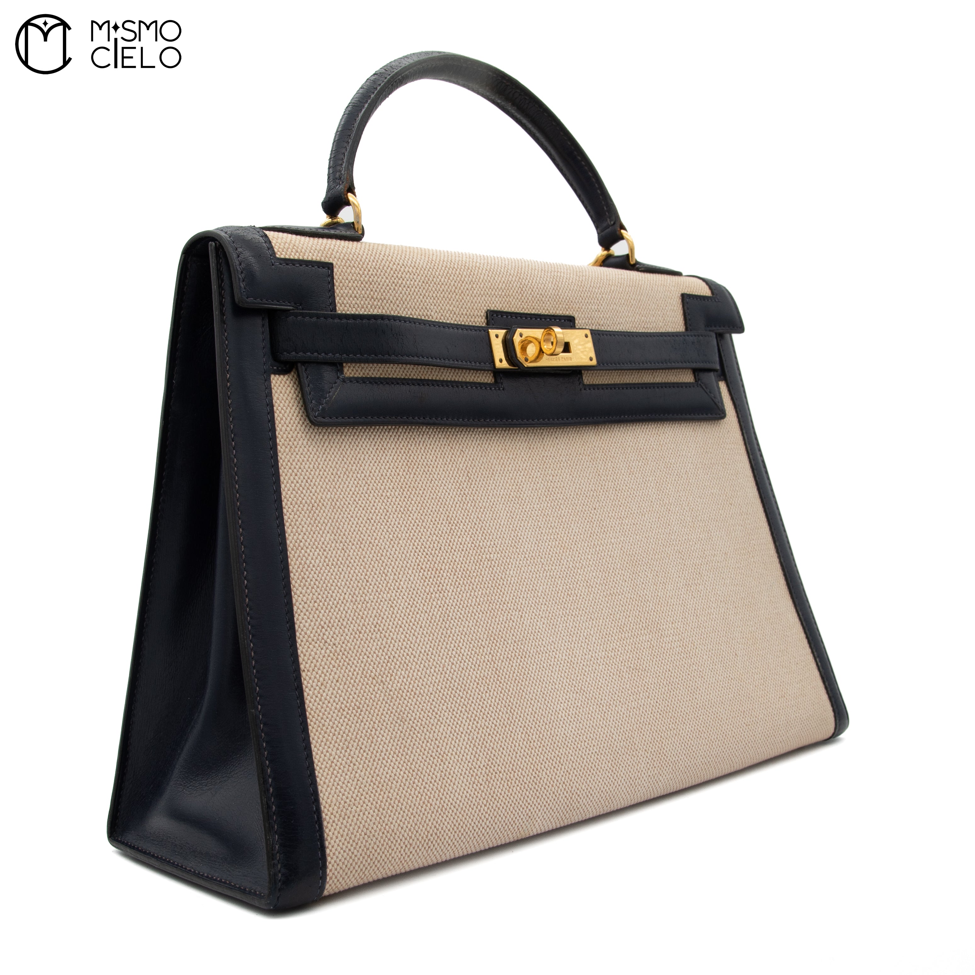 Kelly 32 Box Calf Toile Navy Strap