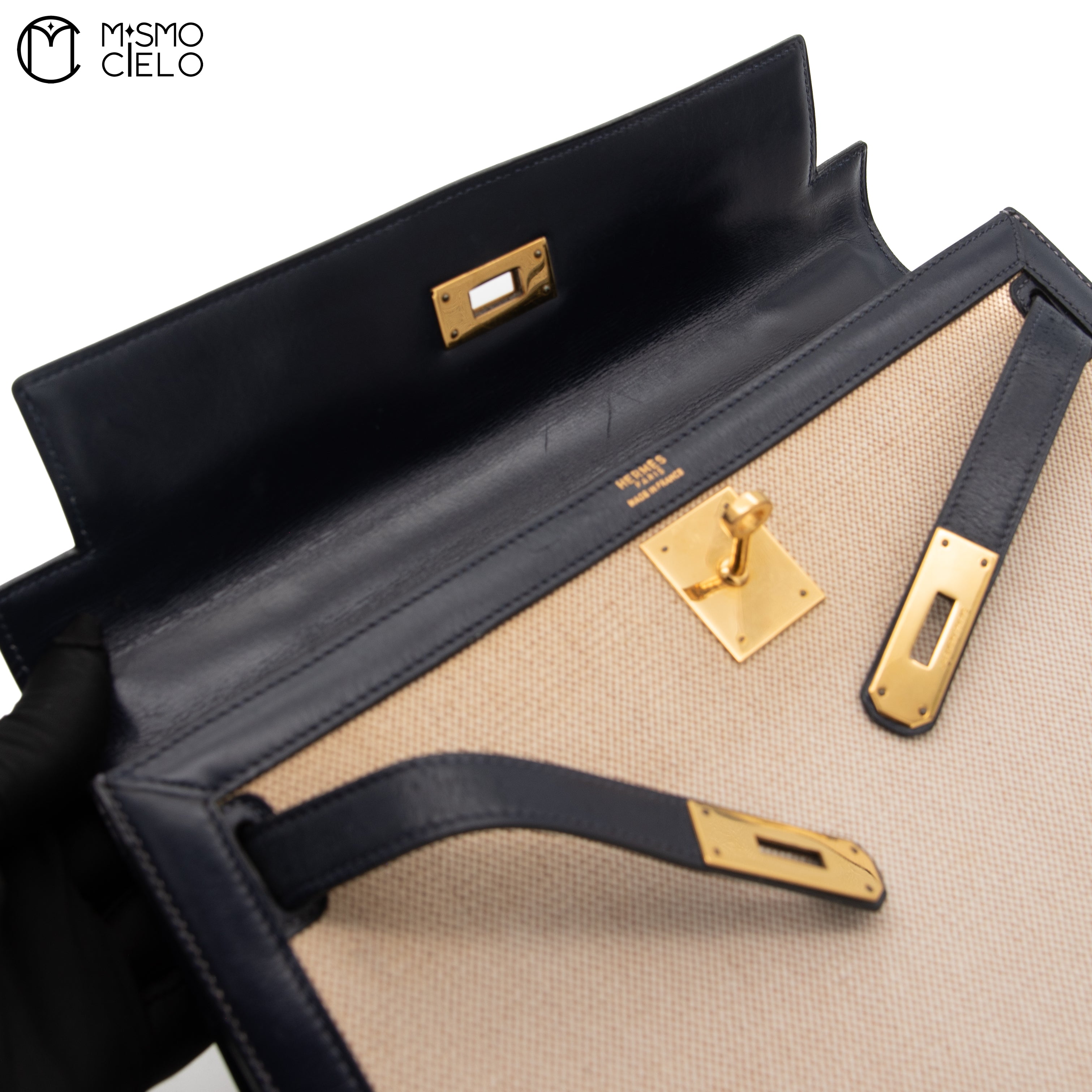 Kelly 32 Box Calf Toile Navy Strap