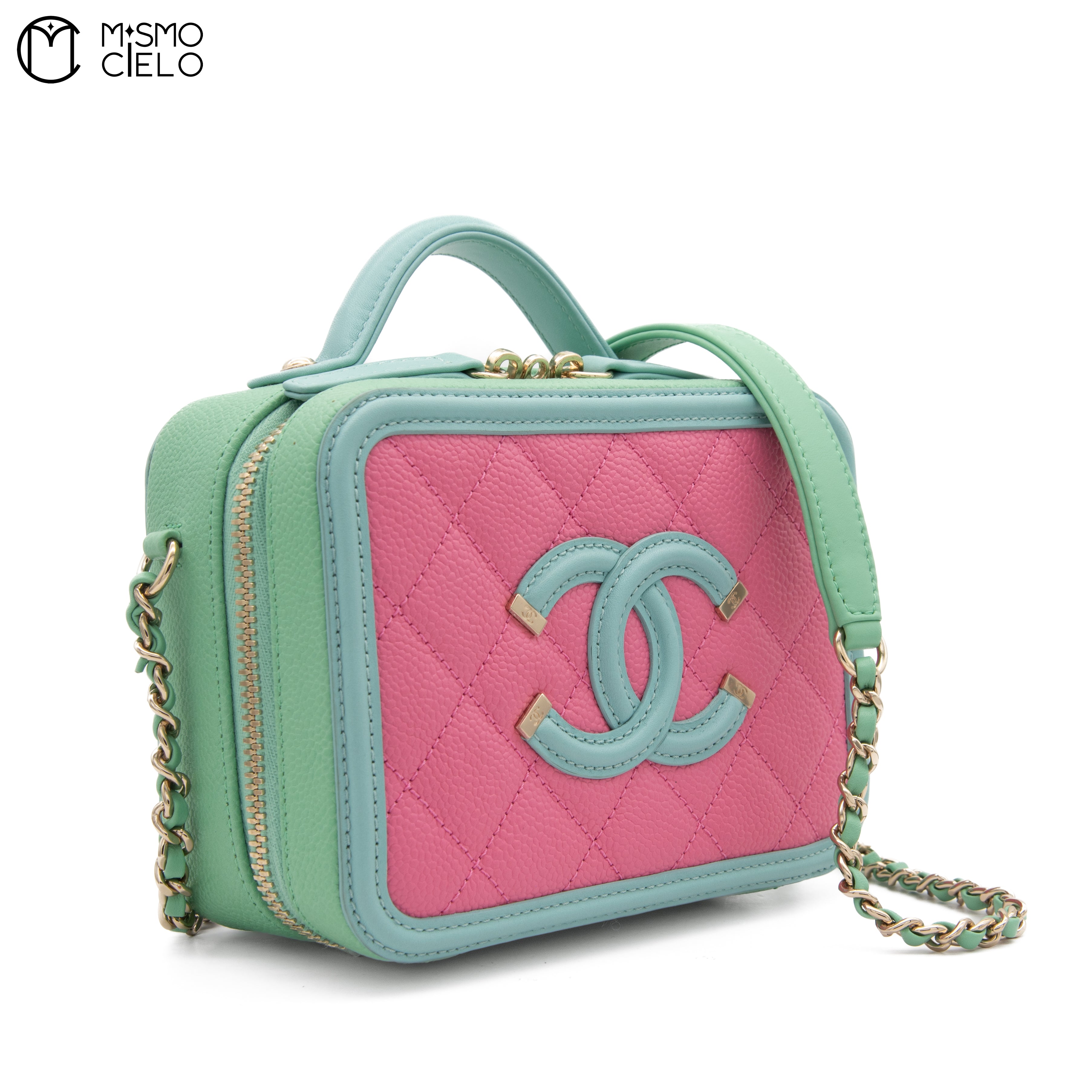 Matelasse 2WAY Handbag Caviar Skin Pink and Green