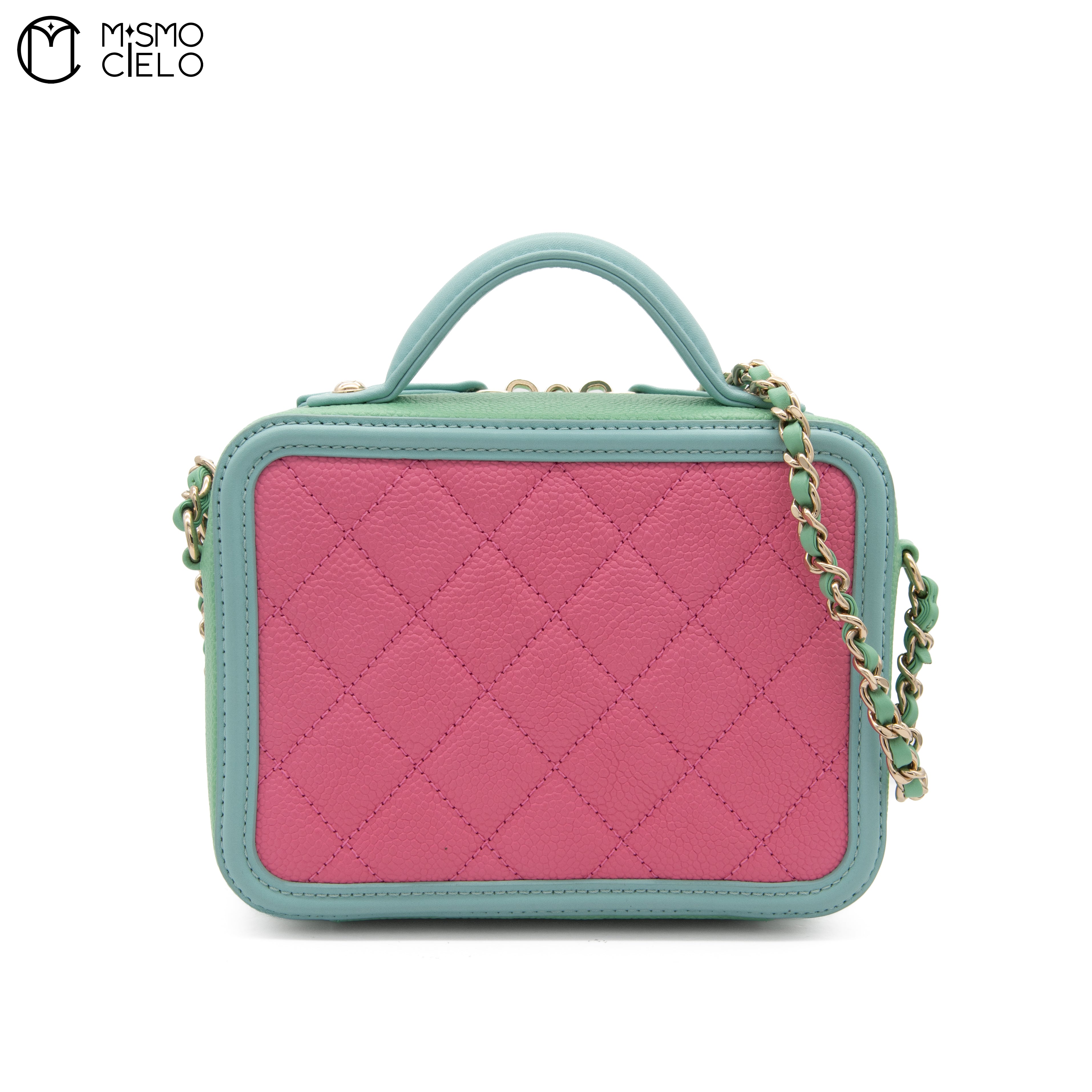 Matelasse 2WAY Handbag Caviar Skin Pink and Green