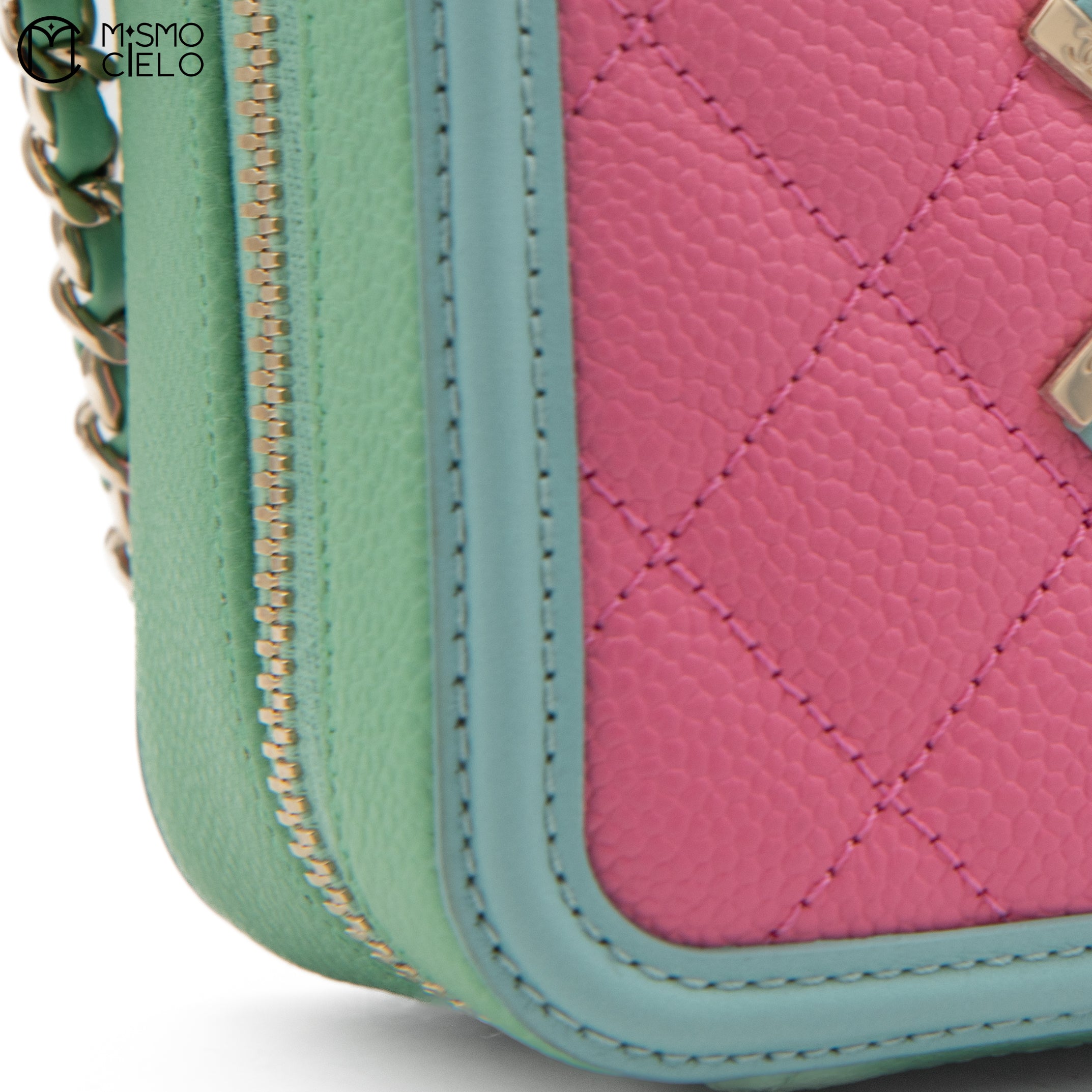 Matelasse 2WAY Handbag Caviar Skin Pink and Green