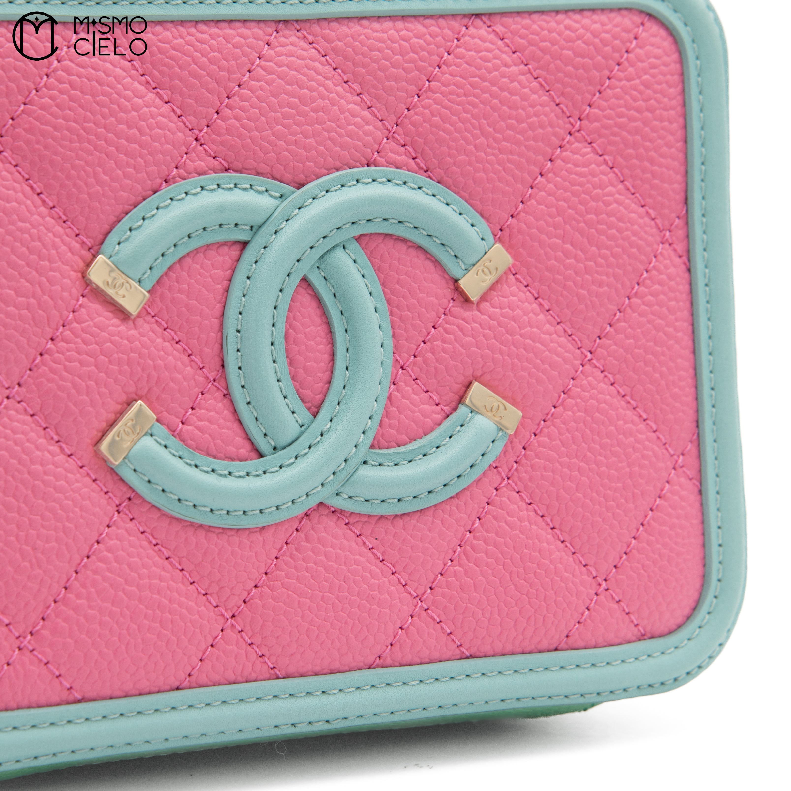 Matelasse 2WAY Handbag Caviar Skin Pink and Green