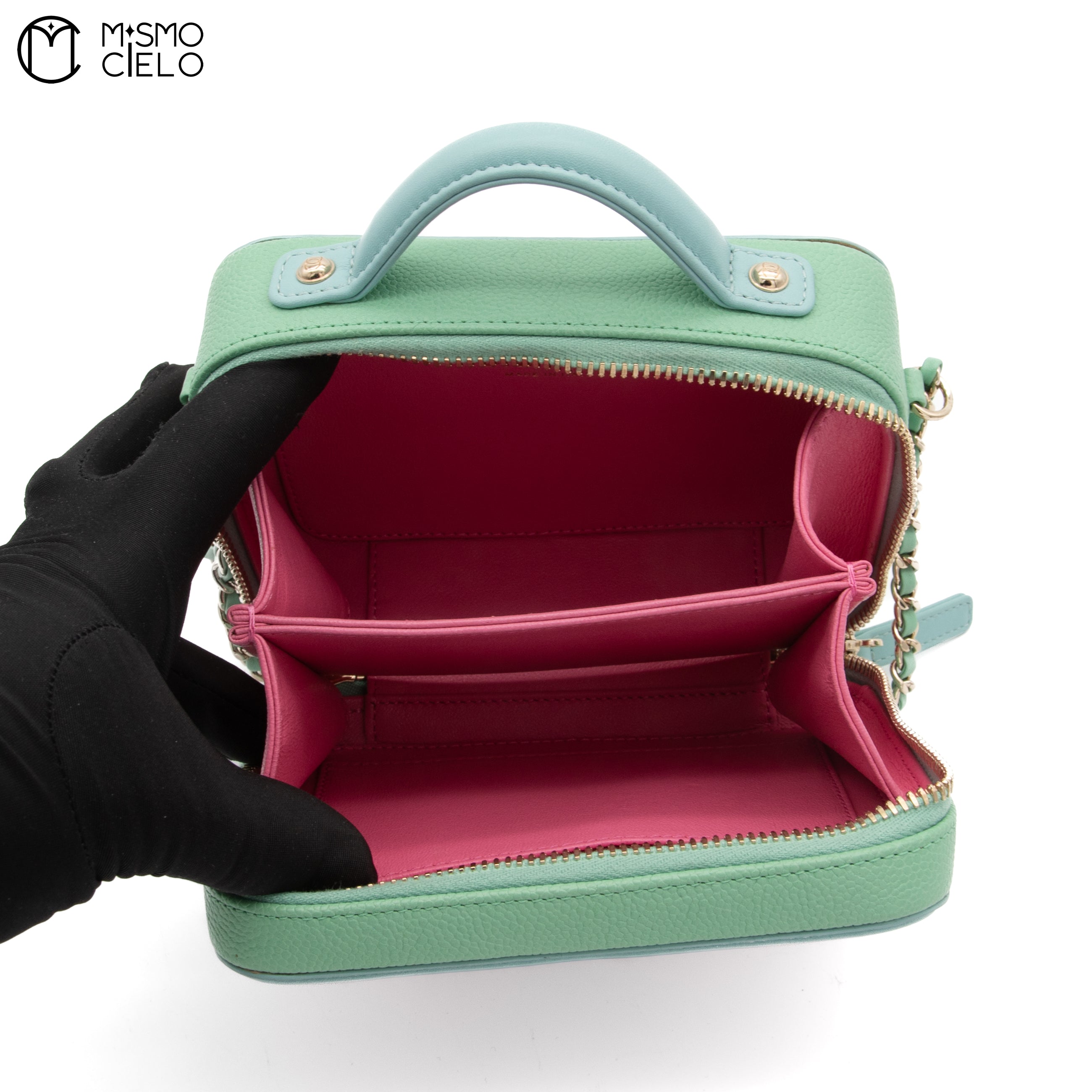 Matelasse 2WAY Handbag Caviar Skin Pink and Green