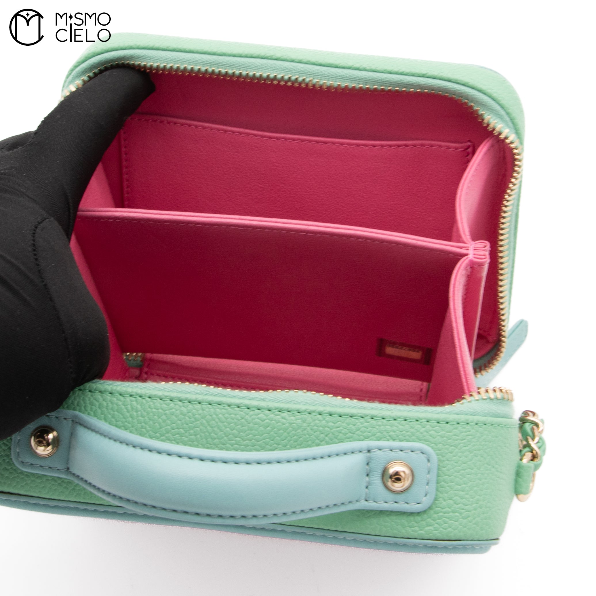 Matelasse 2WAY Handbag Caviar Skin Pink and Green