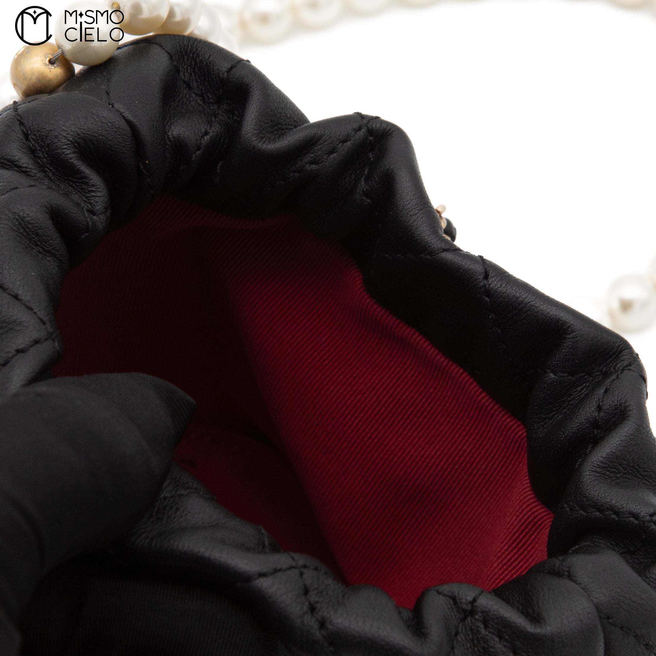 Matelasse Lambskin Drawstring Pearl Chain Pouch