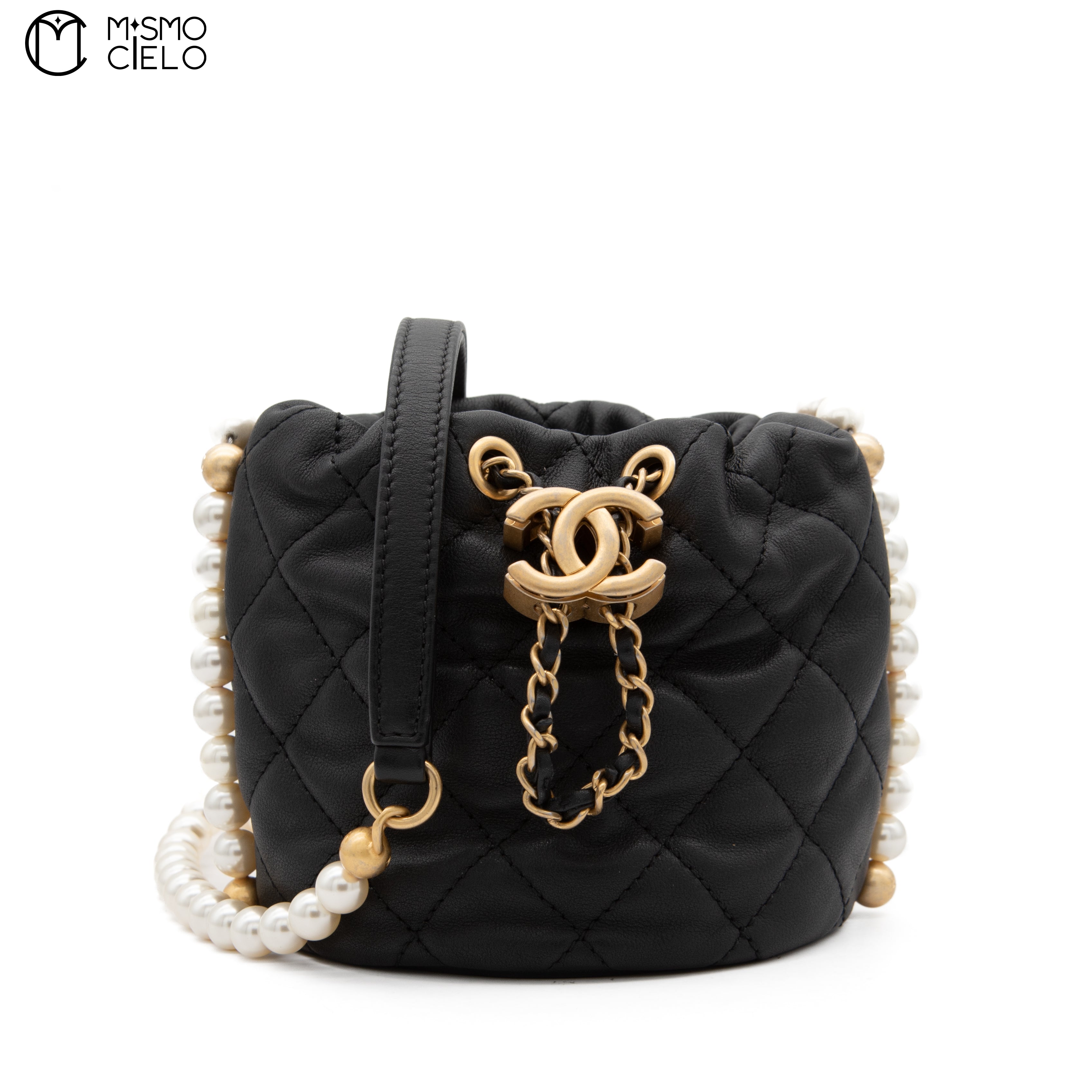 Matelasse Lambskin Drawstring Pearl Chain Pouch
