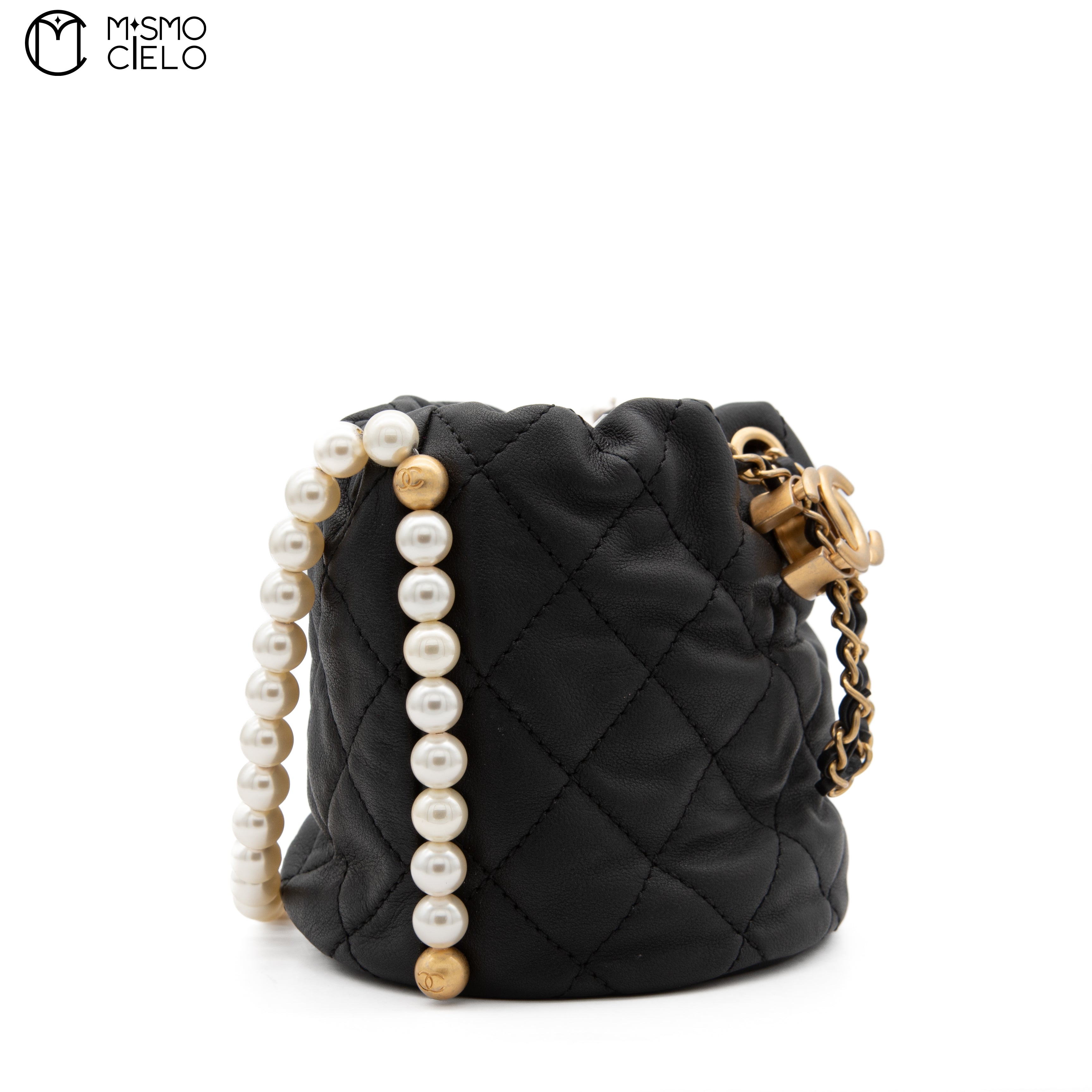 Matelasse Lambskin Drawstring Pearl Chain Pouch
